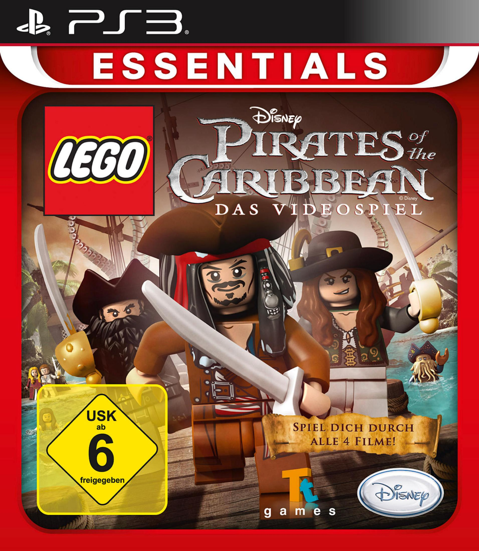 Lego Pirates of the Caribbean Spielcover für PS3 mit Lego Figuren und Logo.