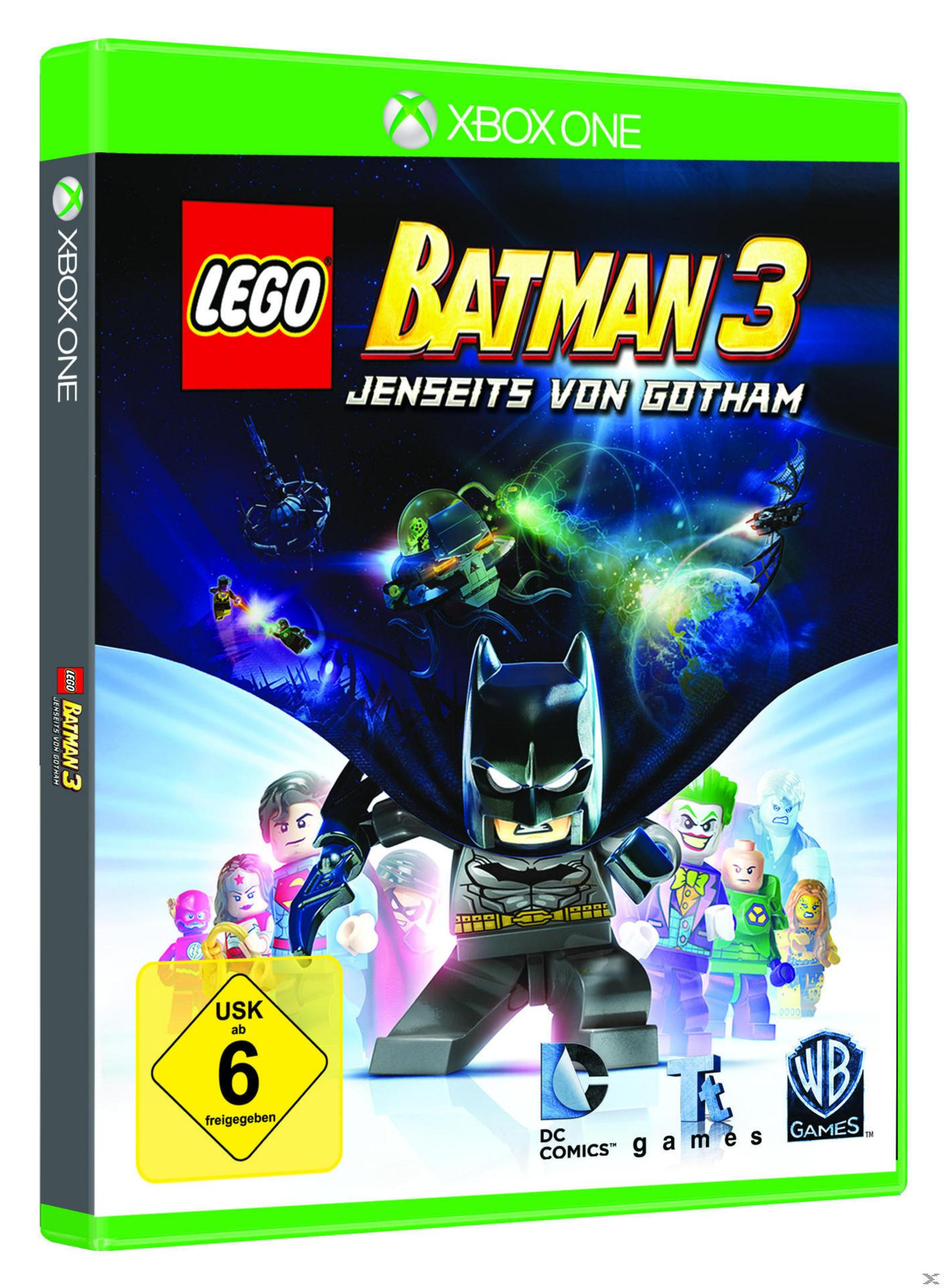 Spielbox-Art für Lego Batman 3. Batman ist zentriert, umgeben von Lego-Charakteren. Enthält Spieletitel und Logo.