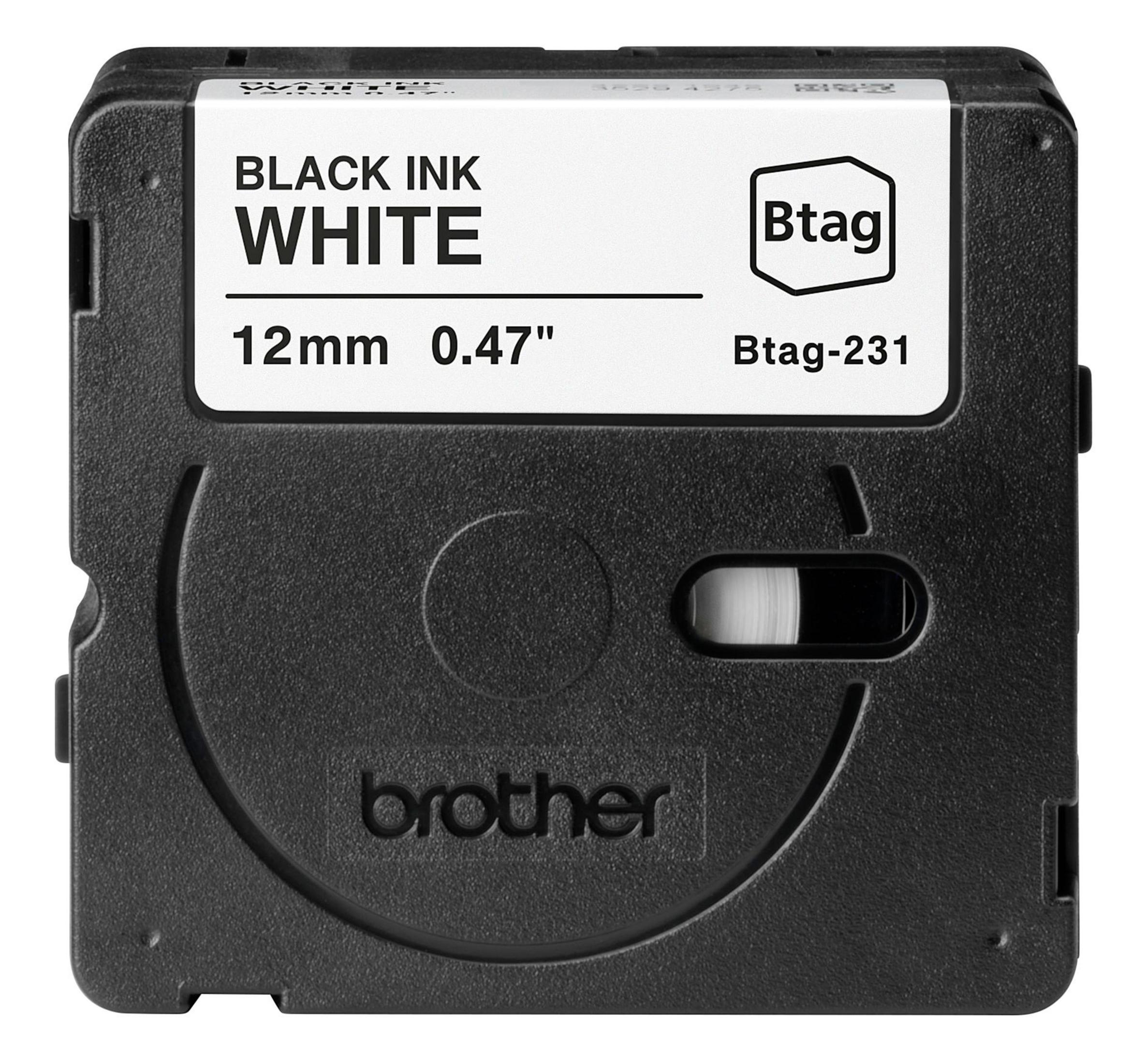 Czarno-biała taśma do etykiet. Tekst: Czarny atrament Biały, 12 mm 0,47". Etykieta Btag.