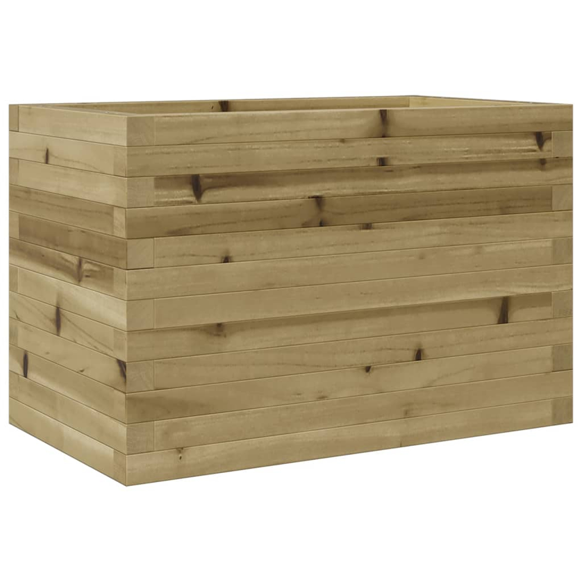 Ein rechteckiger Pflanzkasten aus Holz, hergestellt aus horizontalen Planken.