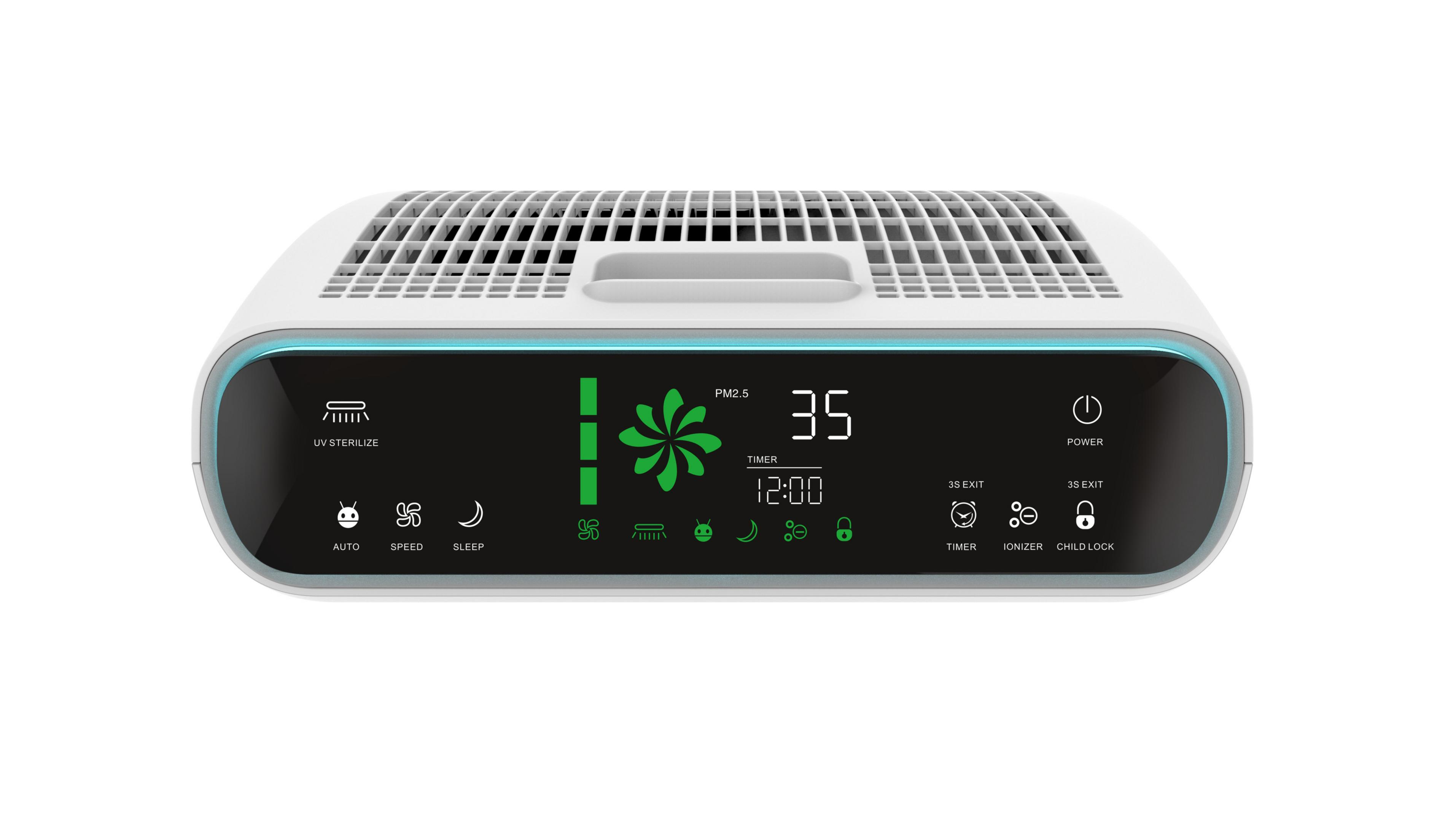 Pannello di controllo del purificatore d'aria con display, mostra le impostazioni.