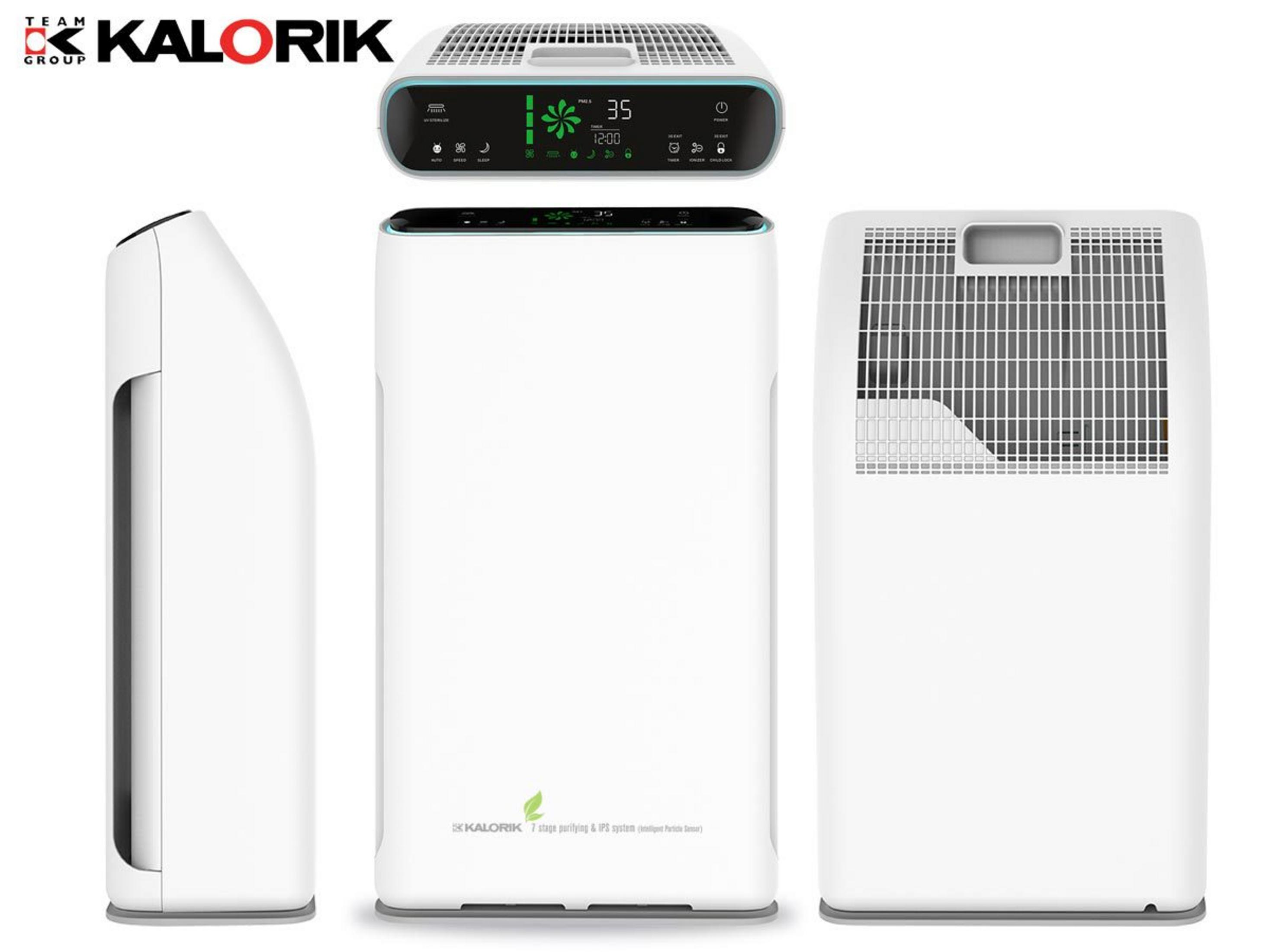 Purificatore d'aria Kalorik, viste multiple che mostrano il dispositivo, i comandi e il marchio.