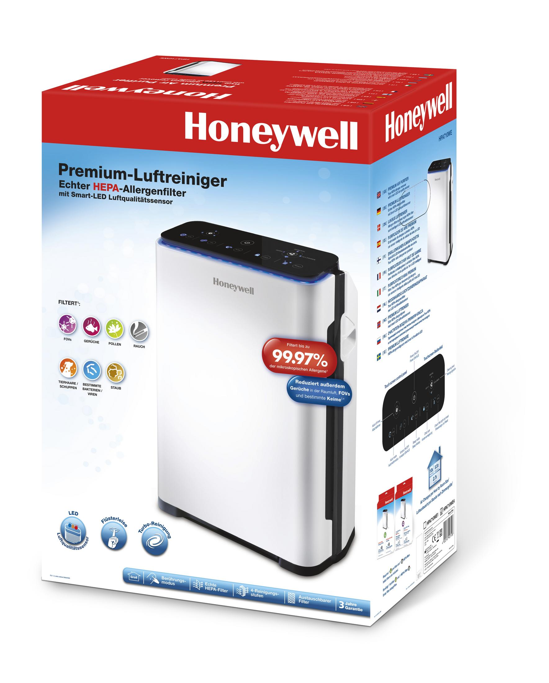 Honeywell Luftreiniger-Box mit Produktbild und Funktionen auf weißem Hintergrund.