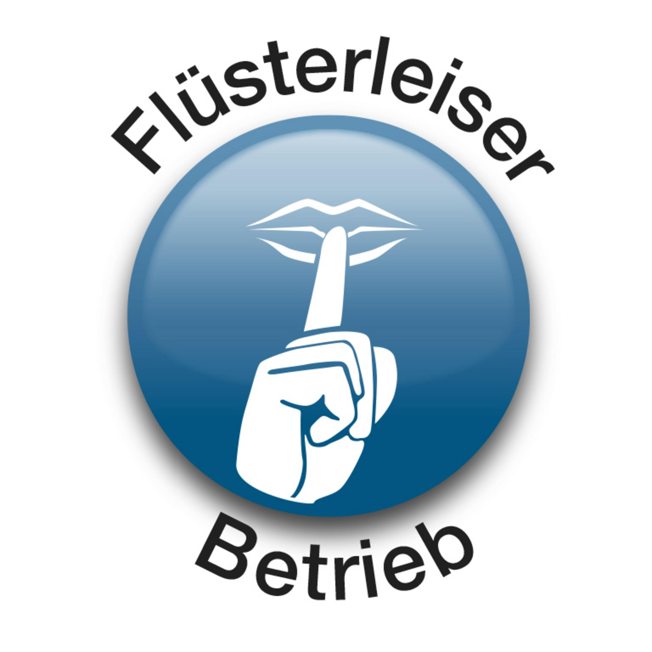 Ein blauer Kreis mit den Worten 'Flüsterleiser Betrieb' und einem Finger, der auf ihm schweigt.