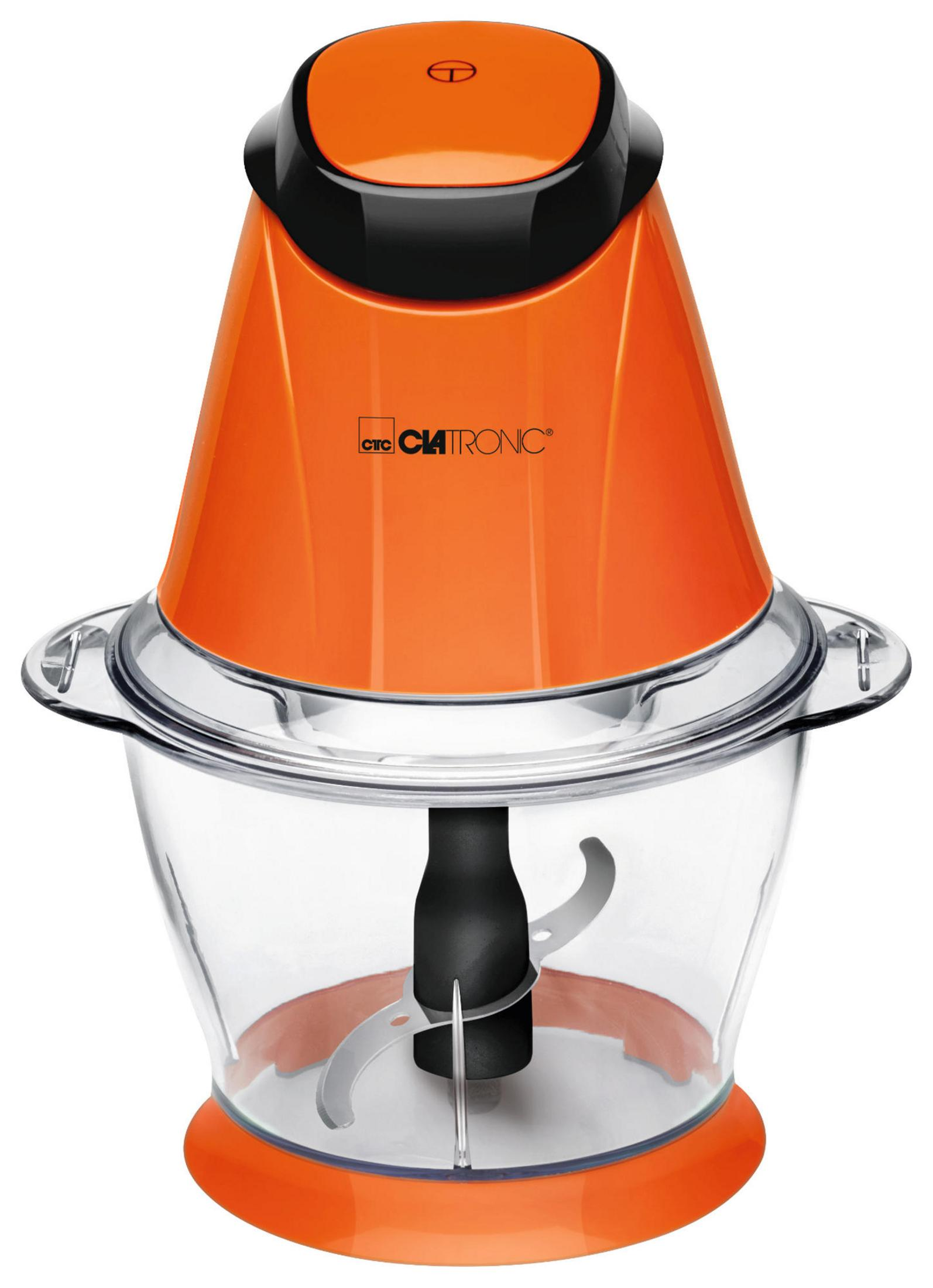 Picadora de alimentos naranja y negra, con tazón transparente y cuchillas de acero inoxidable.