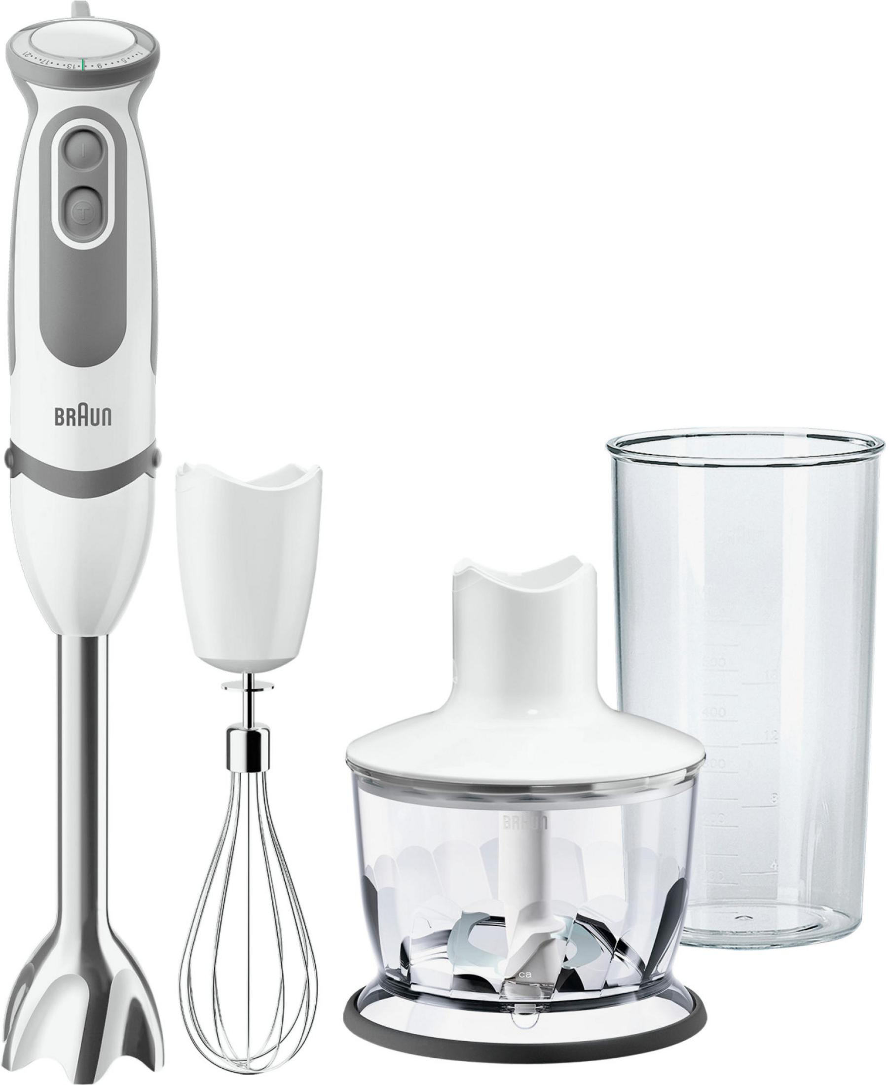 Frullatore a immersione bianco e grigio con accessori, frusta e tritatutto.