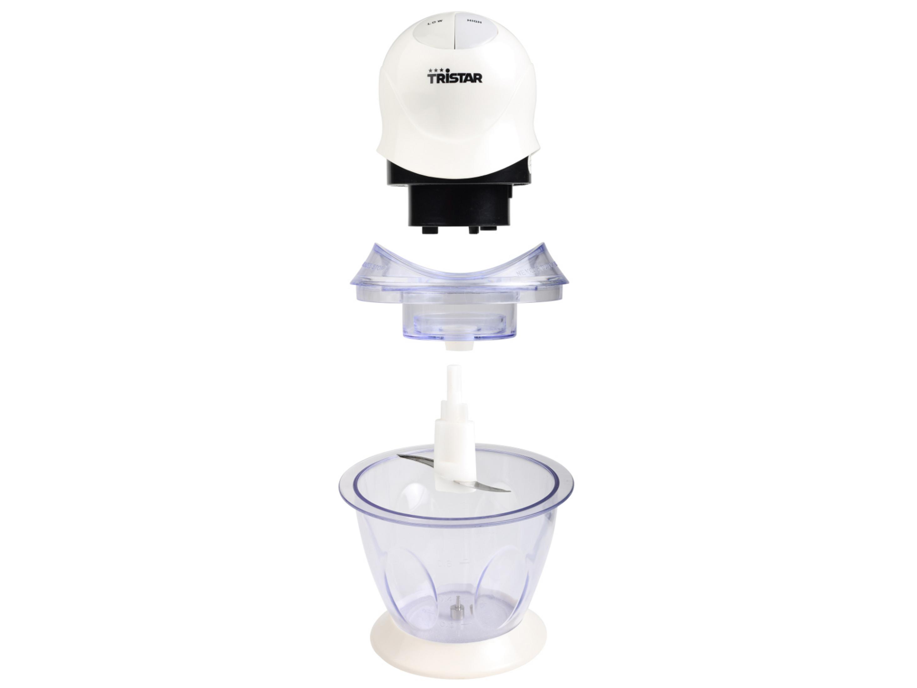 Robot da cucina smontato con alloggiamento bianco e parti trasparenti, isolato su sfondo bianco.