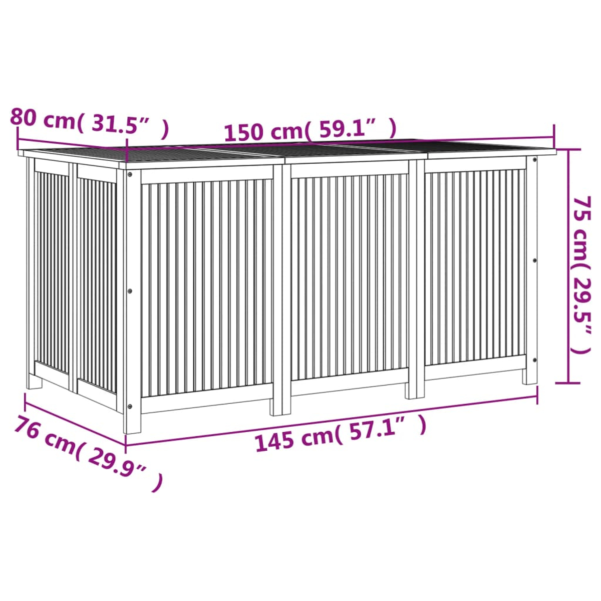 Outdoor-Stauschrank aus Holz. Abmessungen in cm und Zoll werden angezeigt.