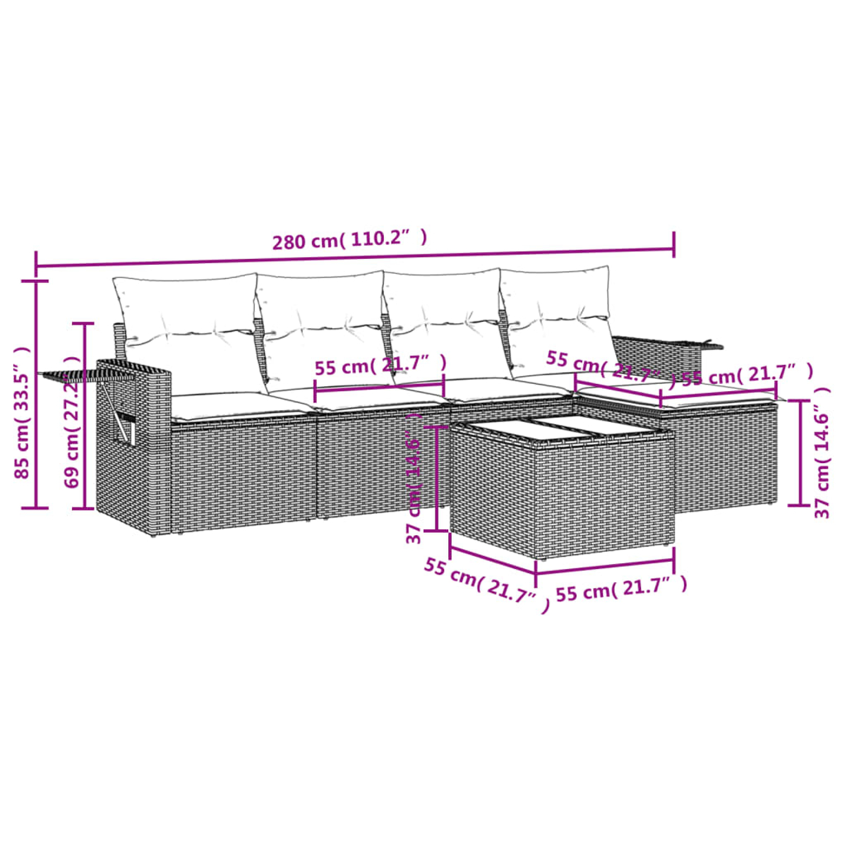 Geflochtenes Outdoor-Sofaset mit Beistelltischen und Kissen. Maße sind angegeben.