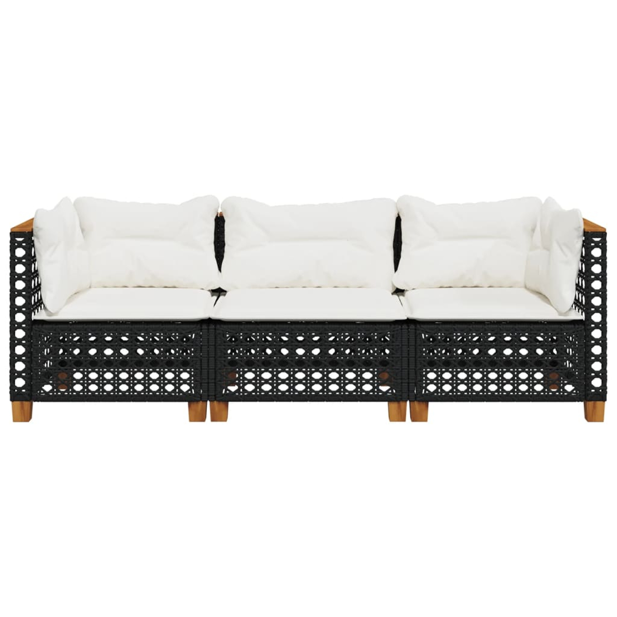 Dreisitziges schwarz-weißes Sofa mit Holzrahmen und Kissen auf weißem Hintergrund.