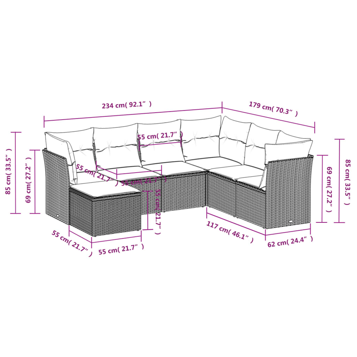 Diagramm eines U-förmigen Outdoor-Sofas mit Abmessungen in cm, vor weißem Hintergrund.
