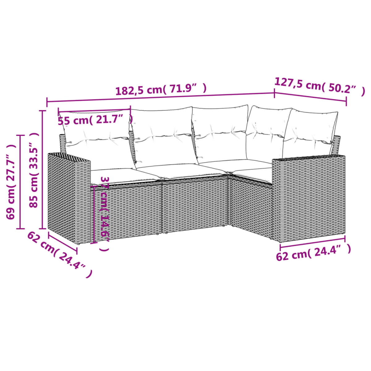 L-förmiges Outdoor-Wicker-Sofa mit Abmessungen. Weiße Kissen. Der Hintergrund ist weiß.