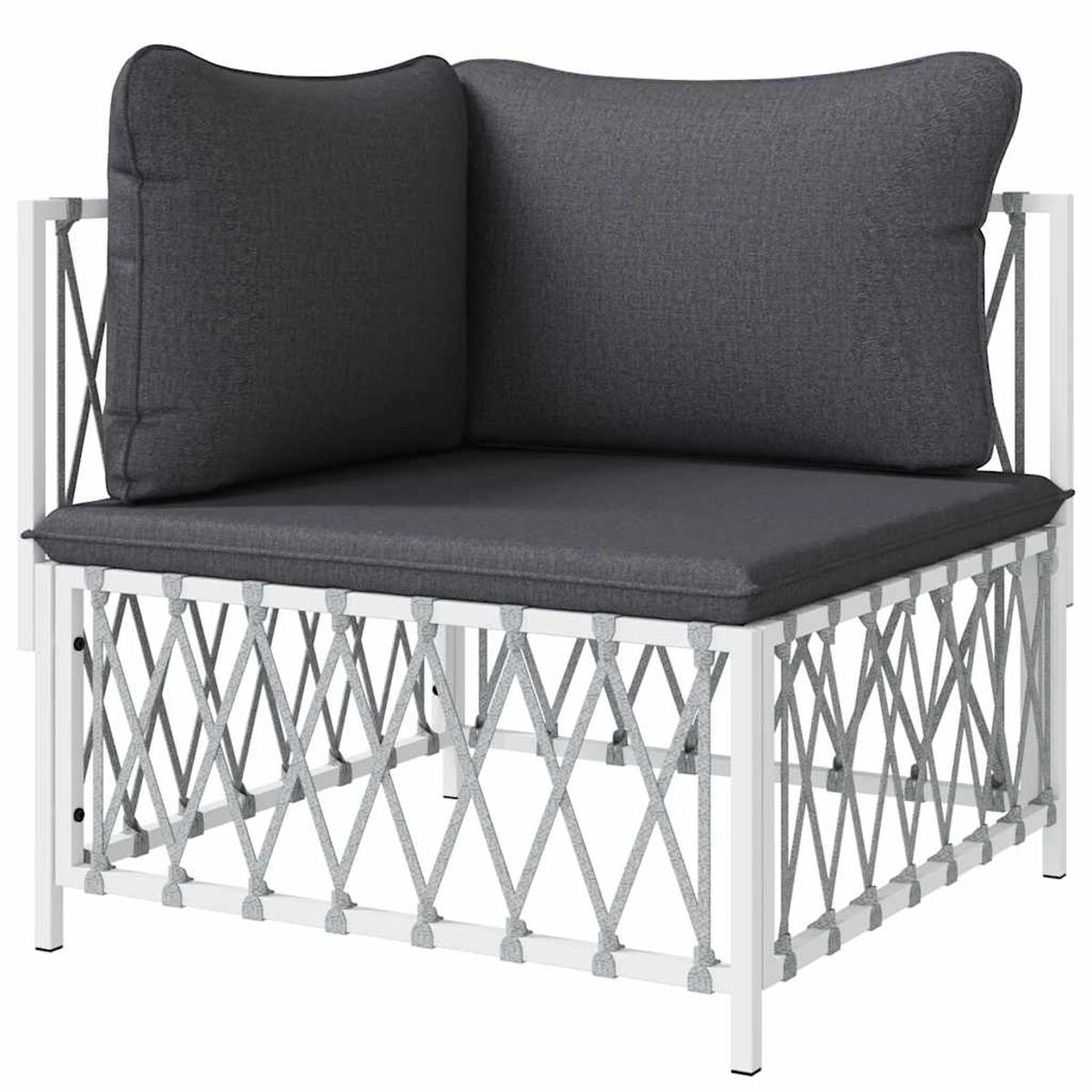 Ein weißes und graues Ecksofa für den Außenbereich mit Kissen, aus Seil und Metall.