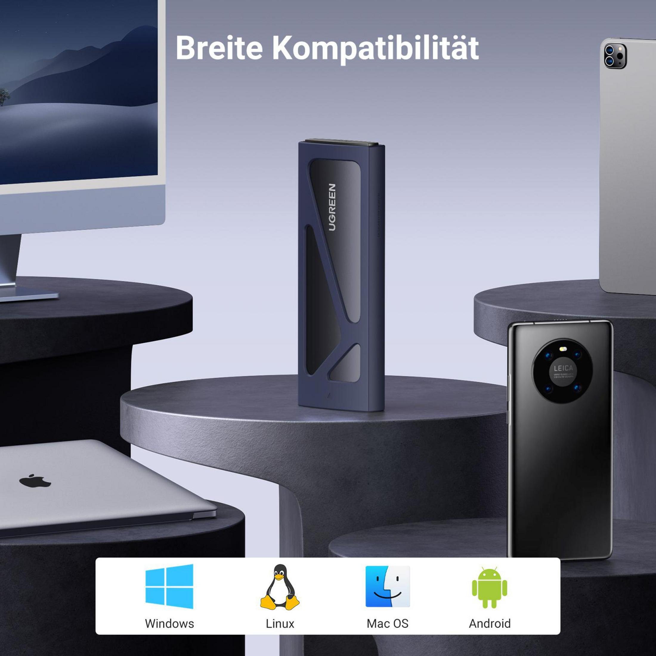 Dispositivo nero e blu di fronte a computer, tablet e telefono con icone sotto.