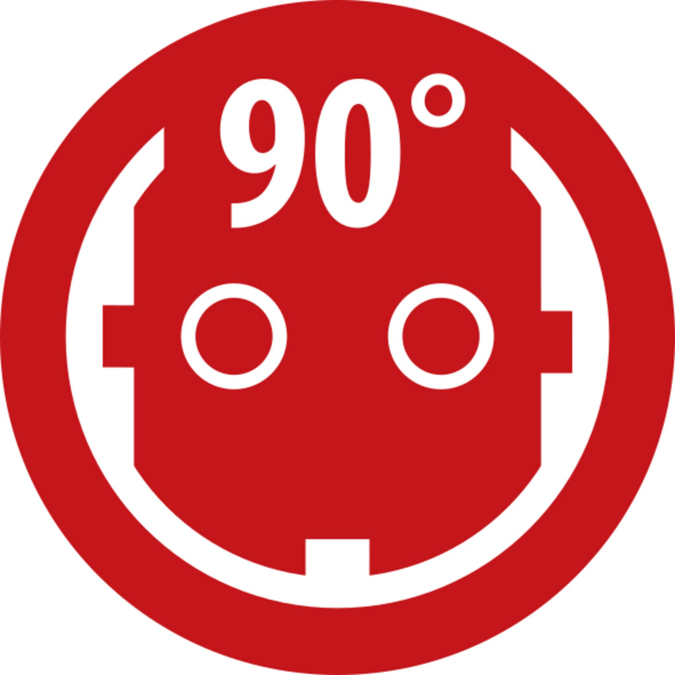 Czerwone koło z białą grafiką złącza kątowego 90 stopni.
