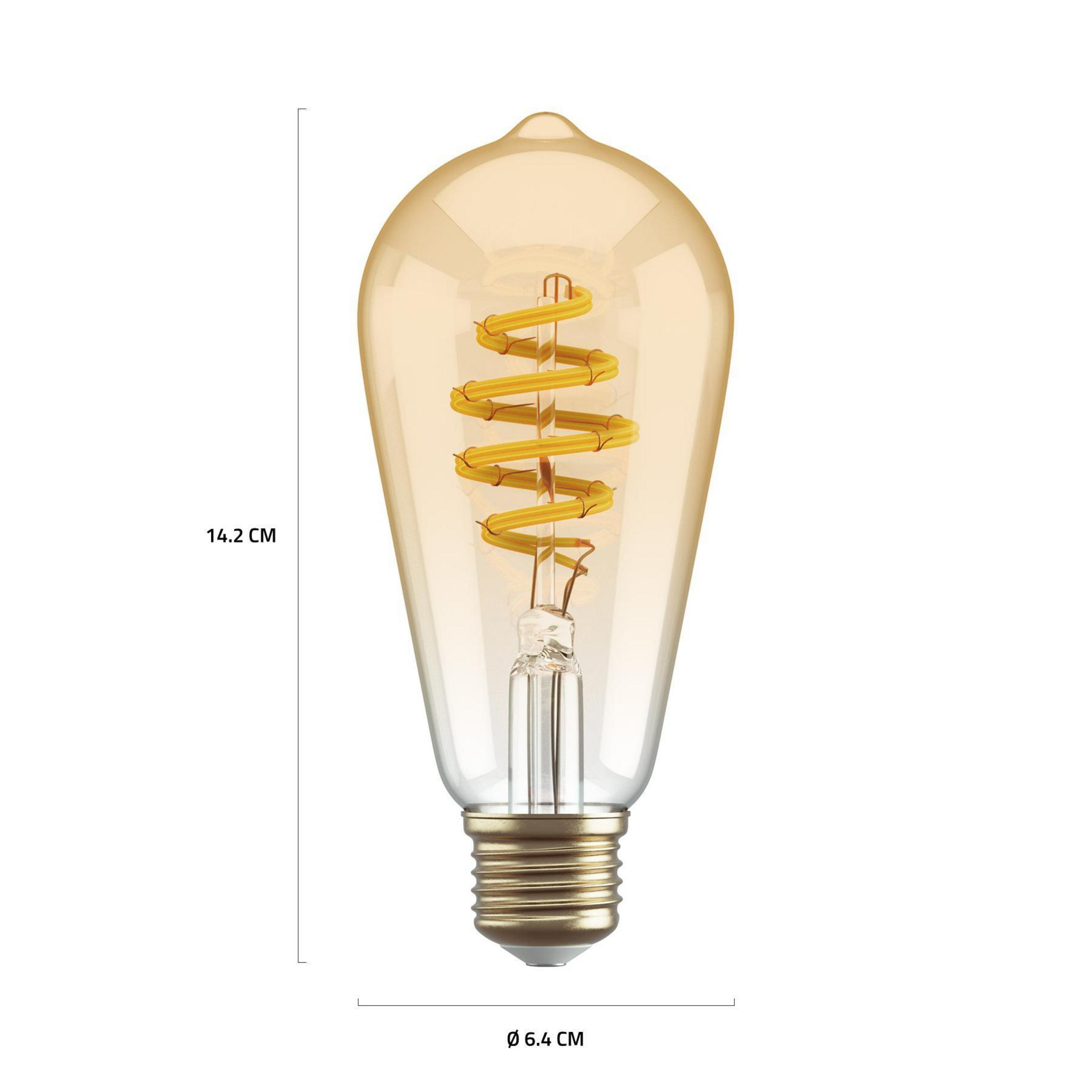 Grosse ampoule ambrée avec filament en spirale, mesurant 14,2 cm et 6,4 cm de diamètre.