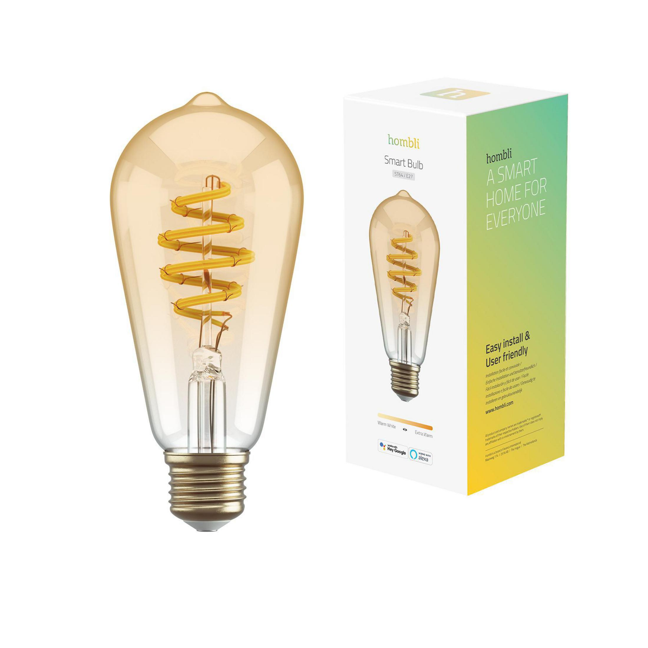 Ampoule avec filament en spirale, avec une boîte qui dit 'A SMART HOME FOR EVERYONE'.