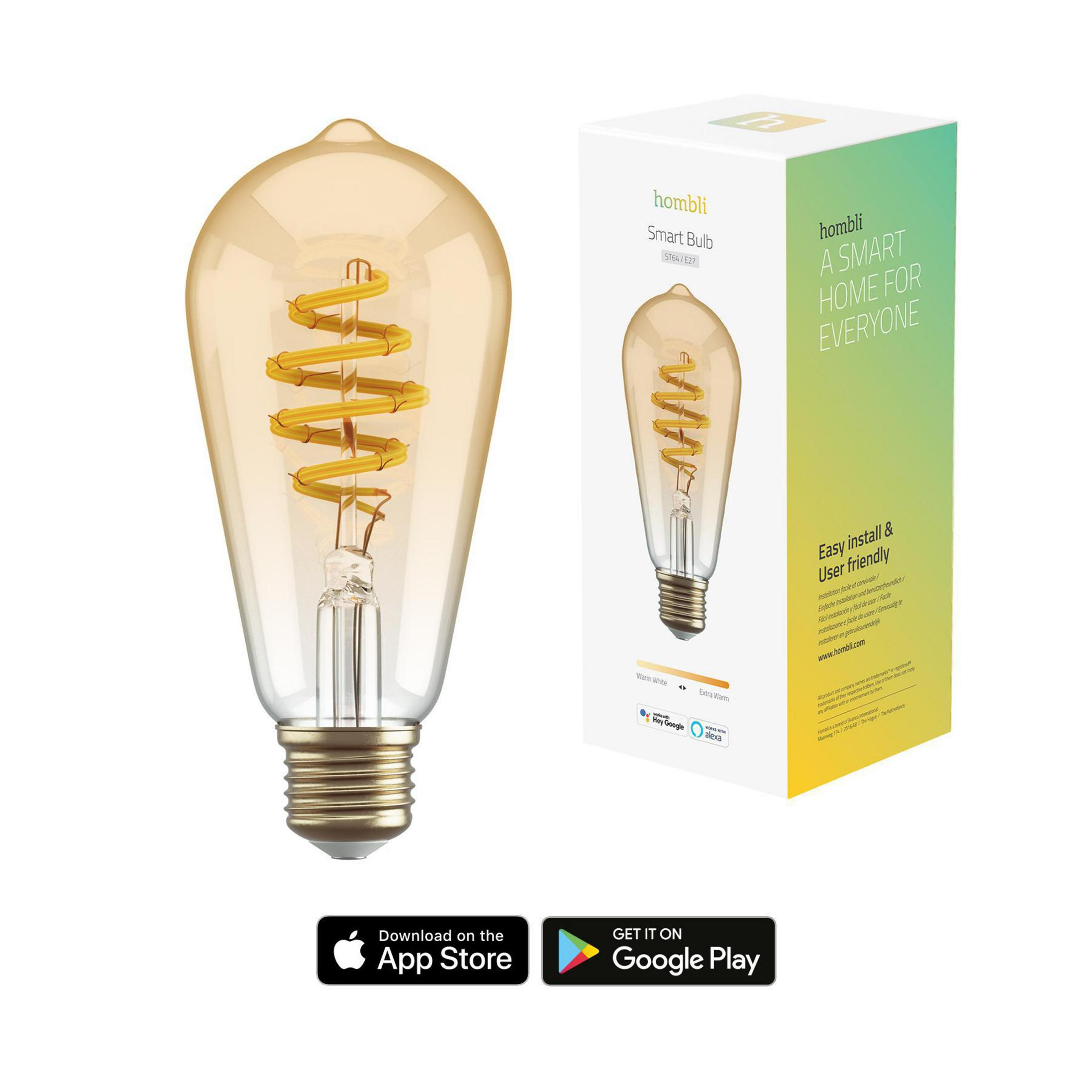 Ampoule intelligente Hombli avec un design à filament classique et une boîte. Logos App Store et Google Play.