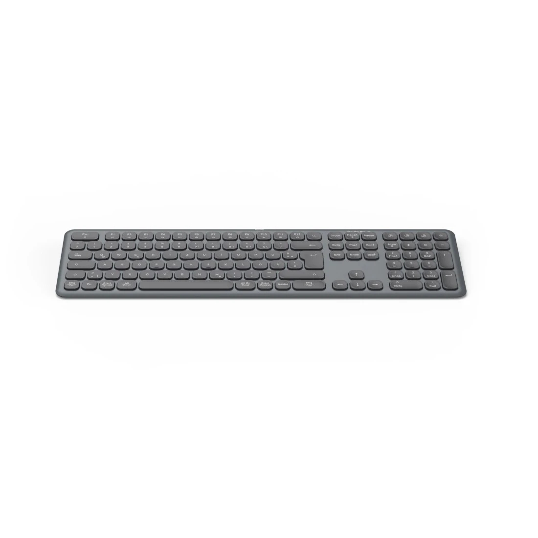 Un teclado gris sobre un fondo blanco, visto desde arriba. El teclado es rectangular.