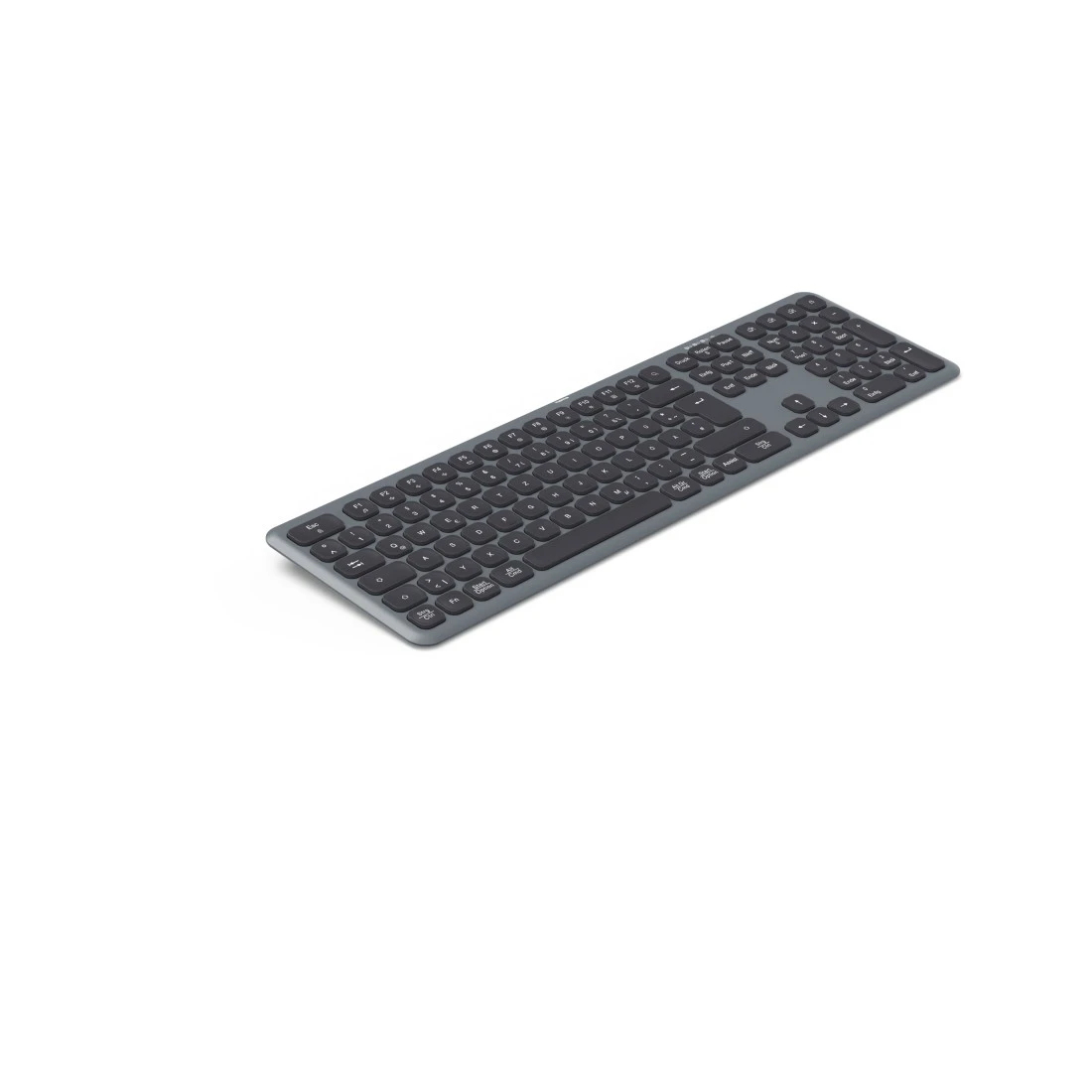 Un teclado gris oscuro con diseño completo, visto desde arriba.