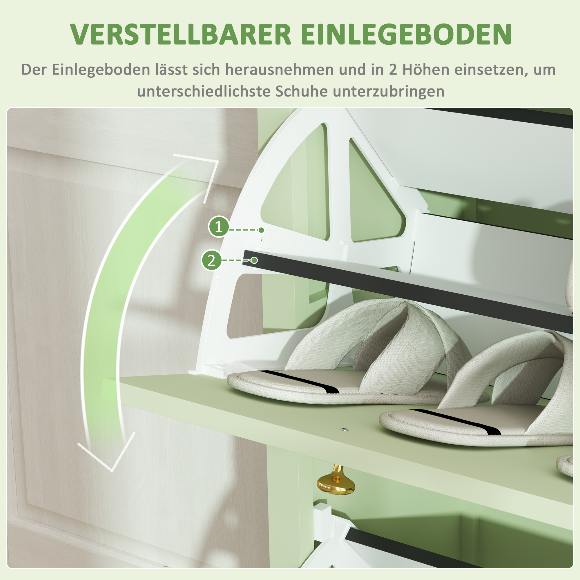 Schuhschrank mit verstellbaren Regalen, Schuhe werden gezeigt, Maße beschriftet.