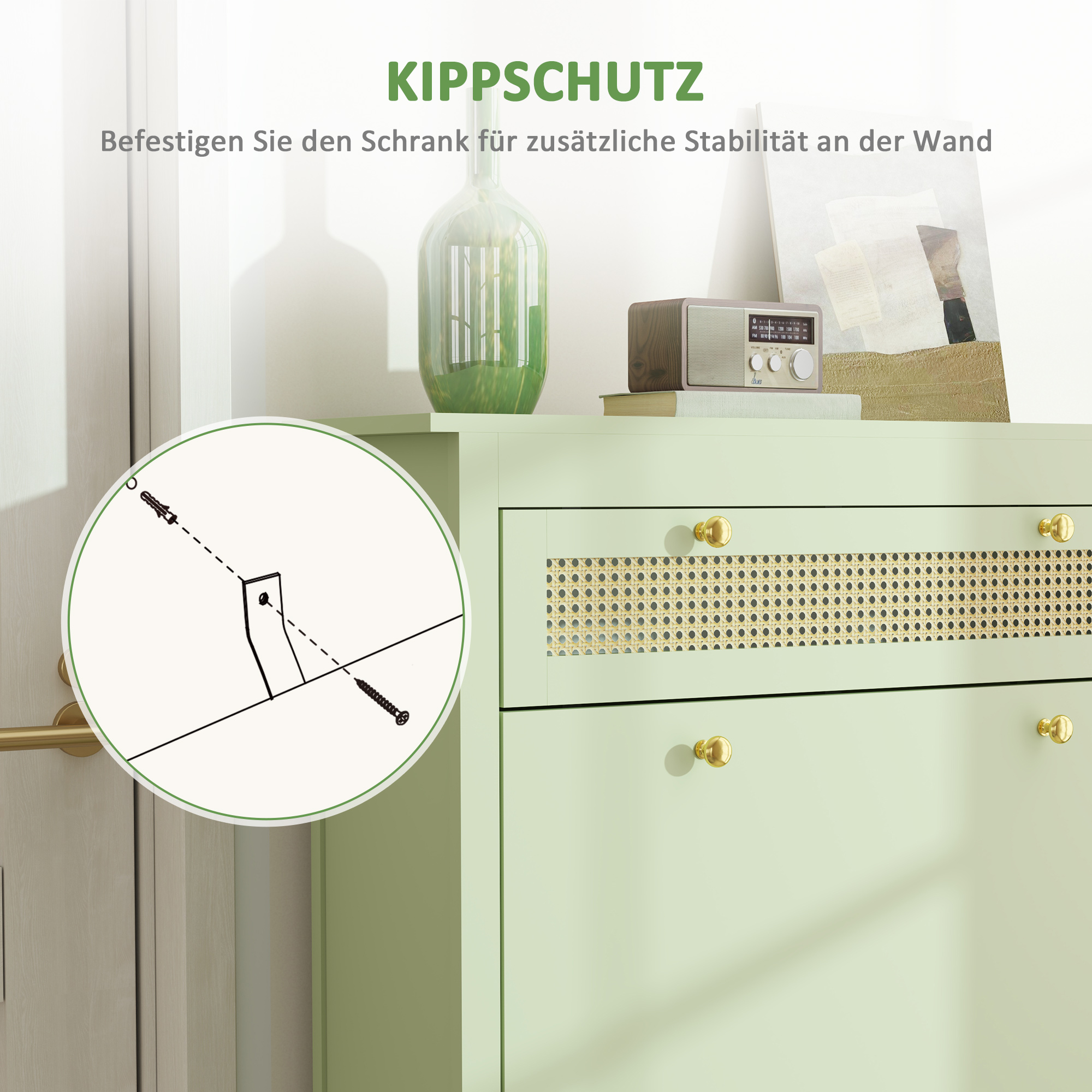 Grüner Schrank mit Schubladen, zeigt Montageanleitung, Wand und Objekte.