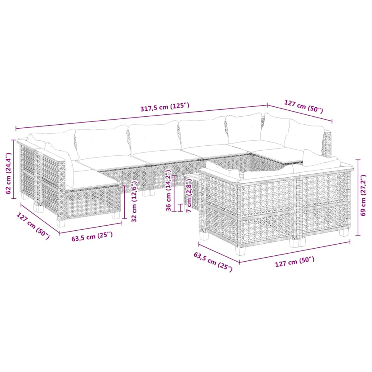 Outdoor-Rattansofa-Set mit mehreren Teilen, darunter ein Ecksofa und ein Tisch. Abmessungen sind sichtbar.