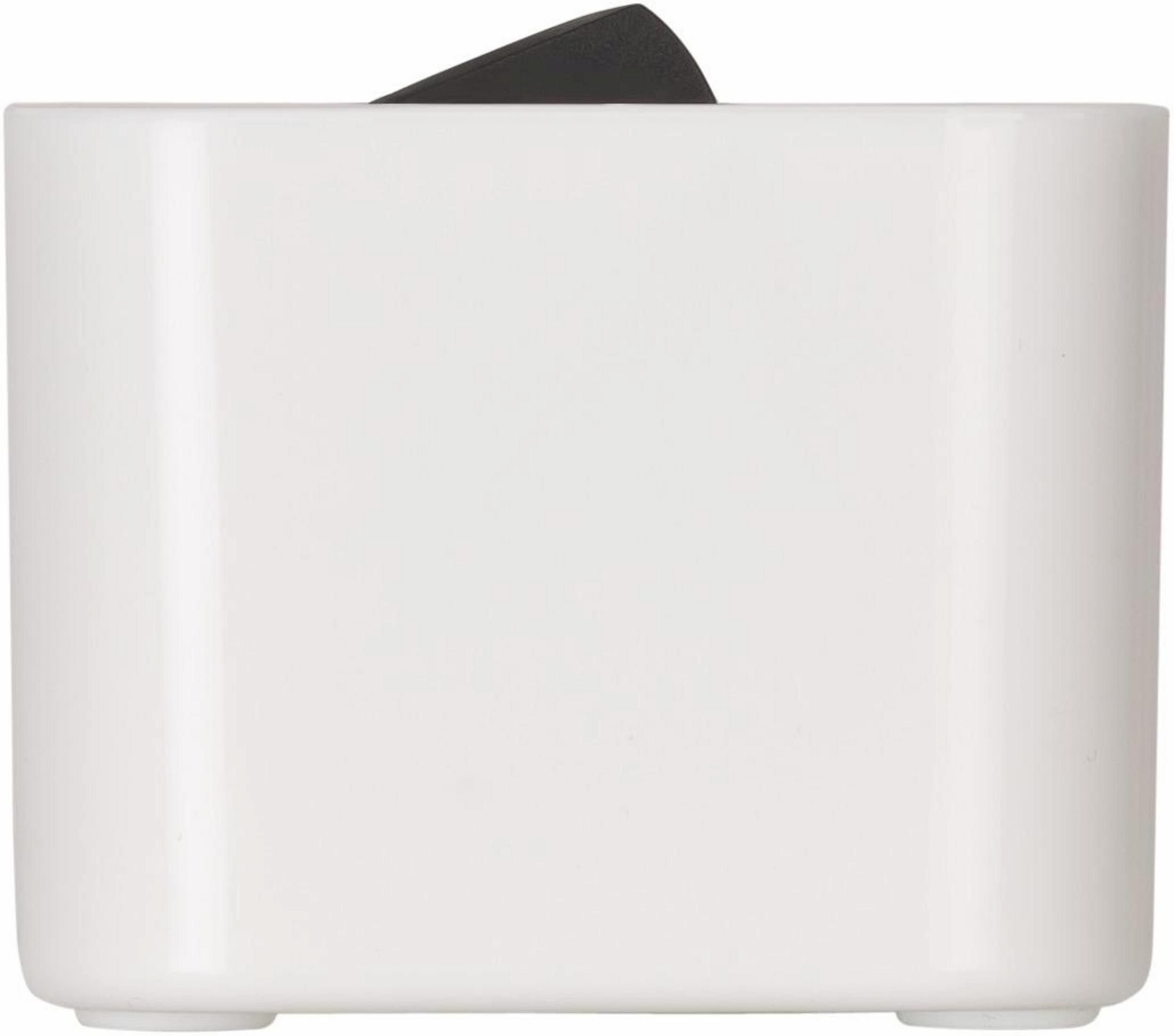 Biały prostokątny pojemnik z czarną pokrywą, prawdopodobnie kosz na śmieci lub przedmiot do przechowywania.