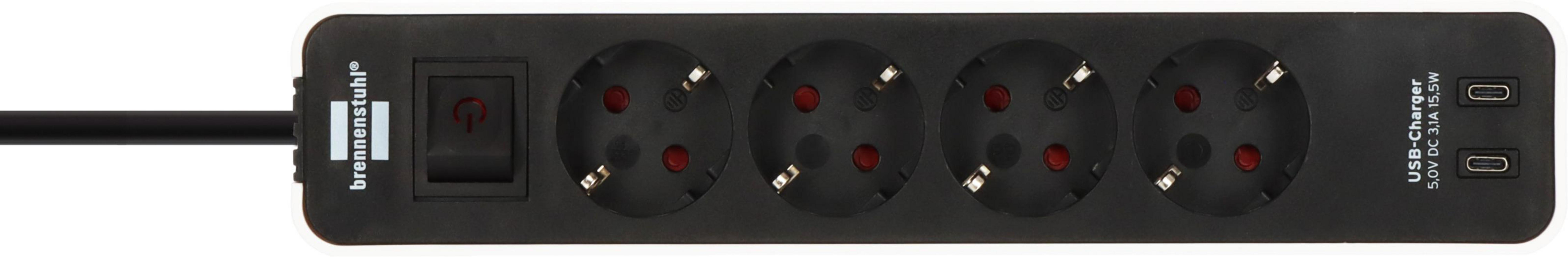 Czarna listwa zasilająca z wieloma gniazdami, przełącznikiem i portami USB-C. Białe tło.