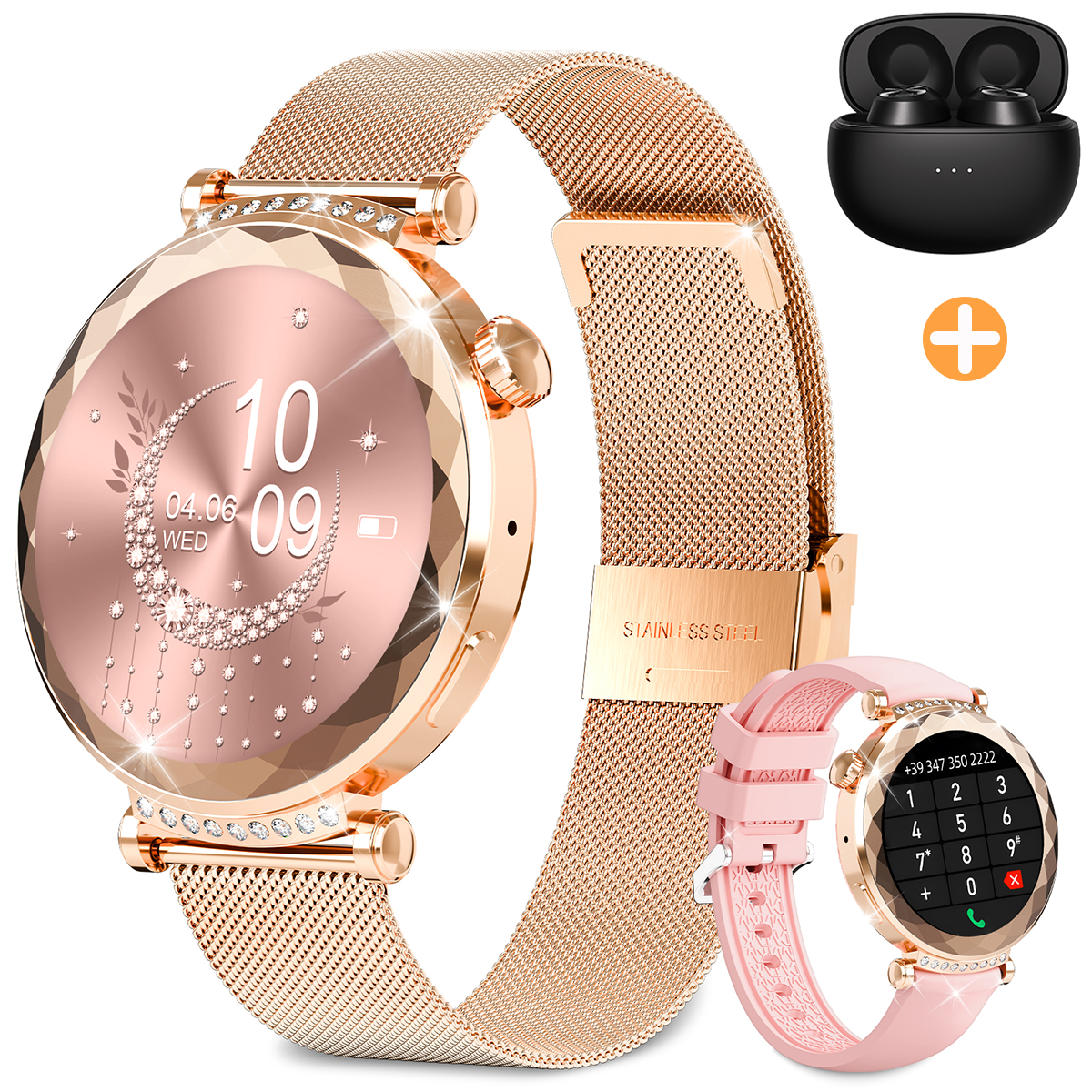 Roségoldene Smartwatch mit Mesh-Armband und pinkfarbenem Silikonarmband, mit Ohrhörern.