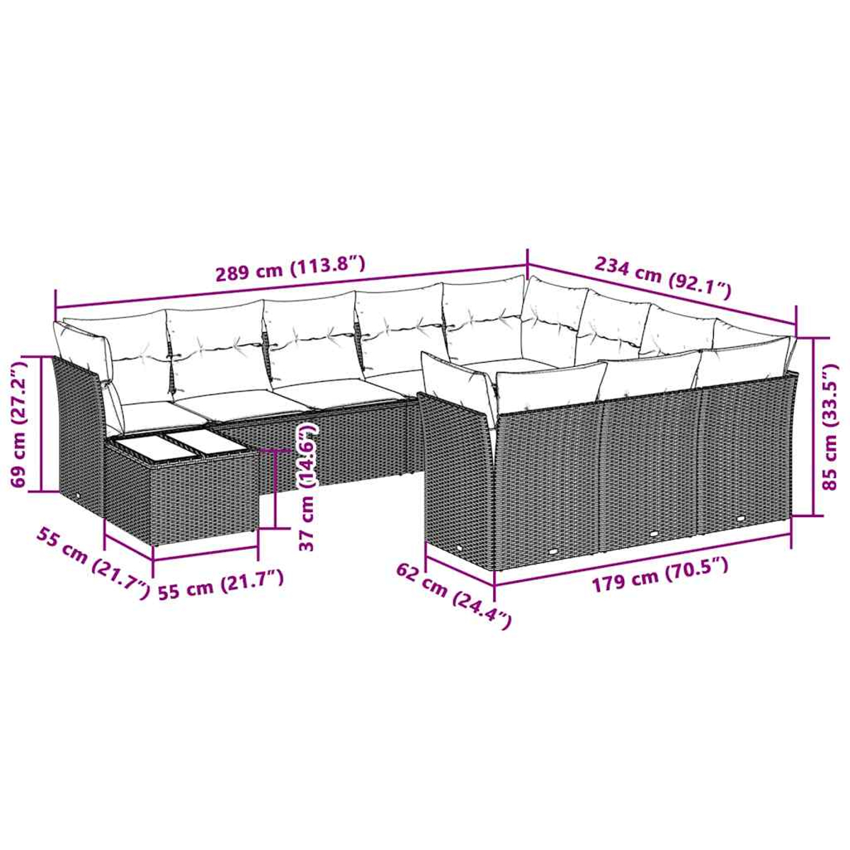 L-förmiges Rattan-Sofa mit Abmessungen in Zentimetern und Zoll.