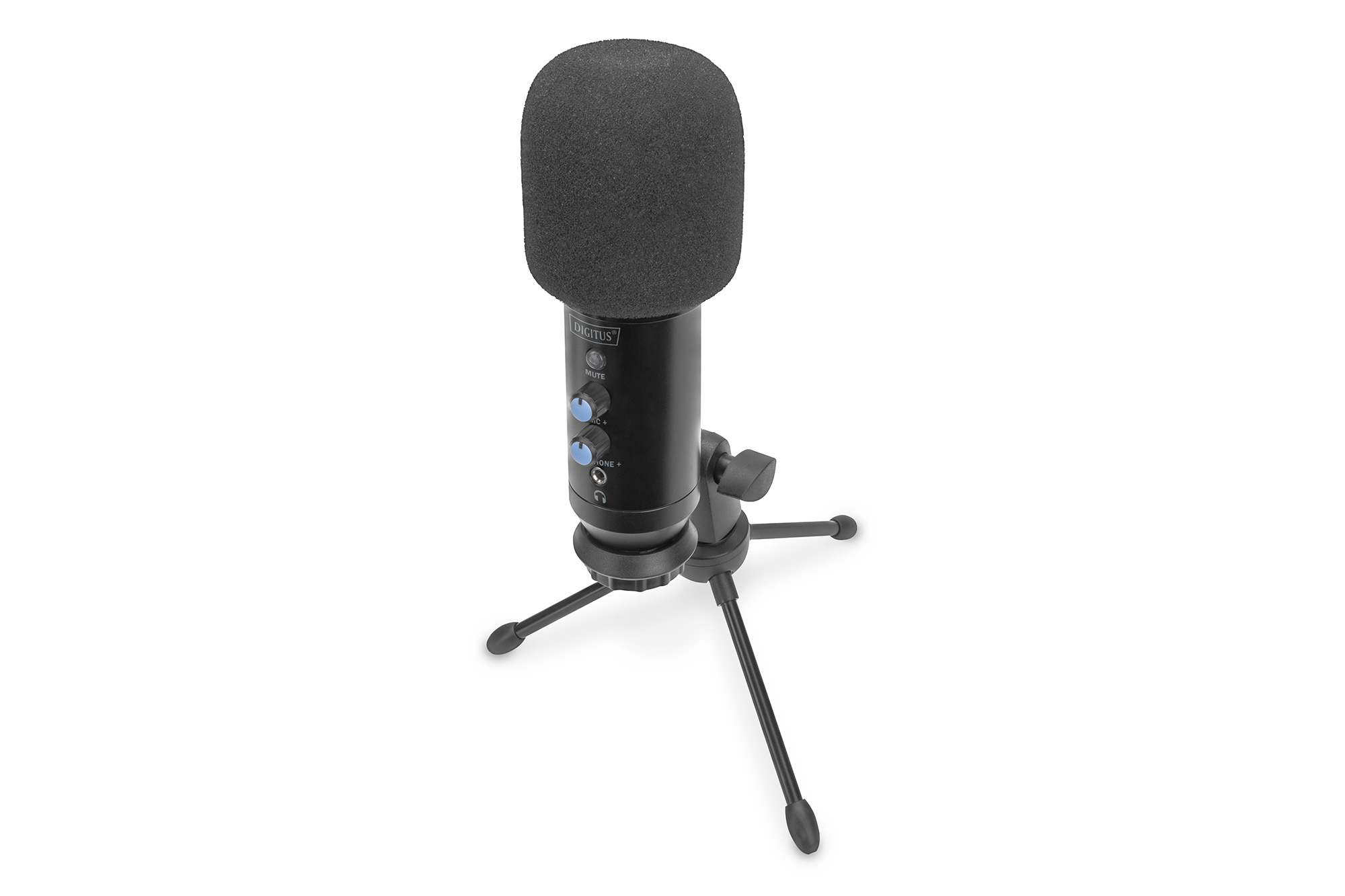 Un microfono USB nero su un treppiede su sfondo bianco. Il microfono ha pulsanti e una copertura in schiuma.
