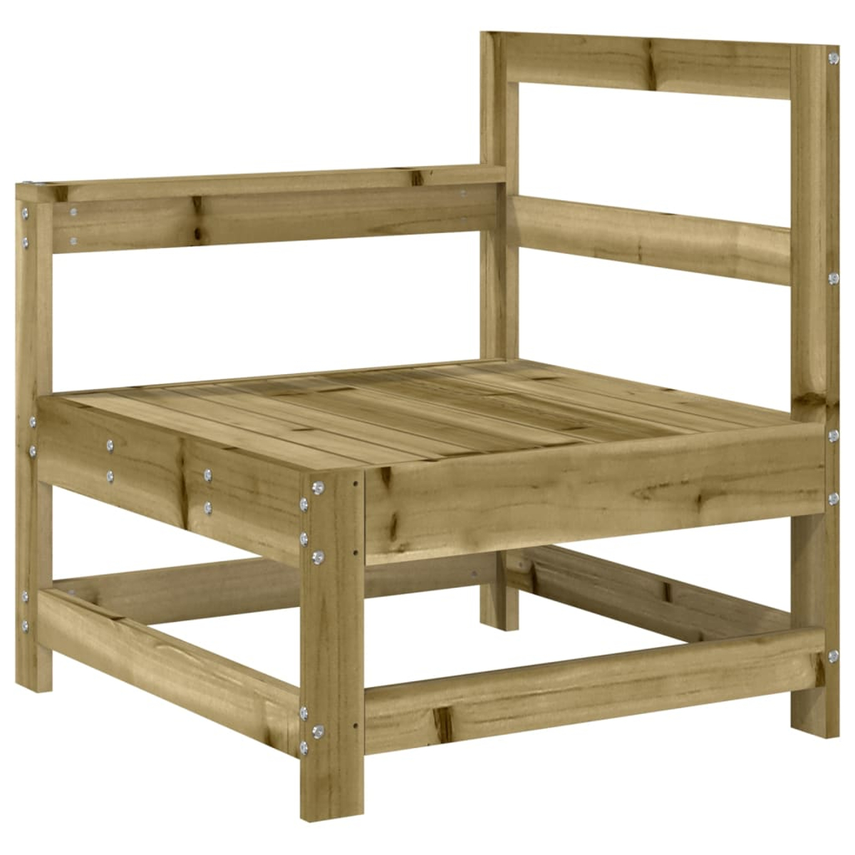 Eckstuhl aus Holz für den Außenbereich. Es ist aus hellbraunem Holz gefertigt und hat ein offenes Design.