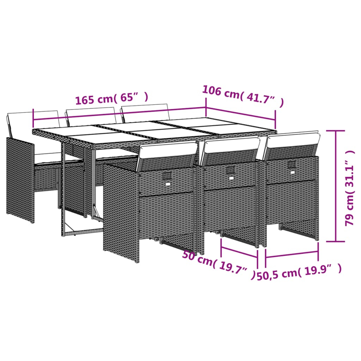 Geflochtenes Esszimmer-Set mit Maßangaben. Enthält Tisch und Stühle, weiße Kissen.