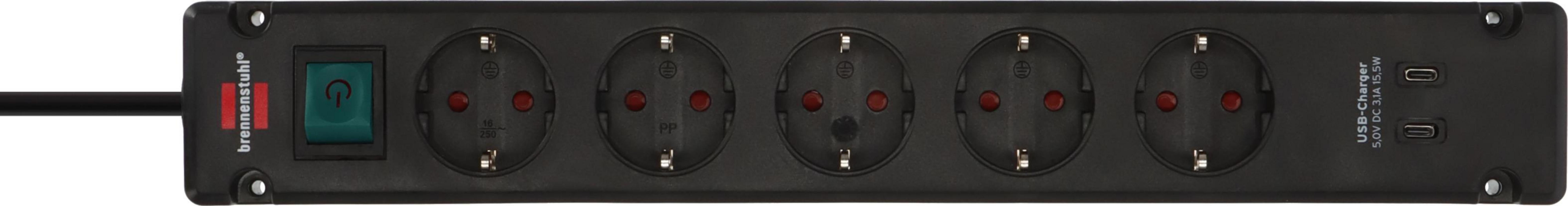 Czarna listwa zasilająca z 5 gniazdami, zielonym włącznikiem i portami USB.