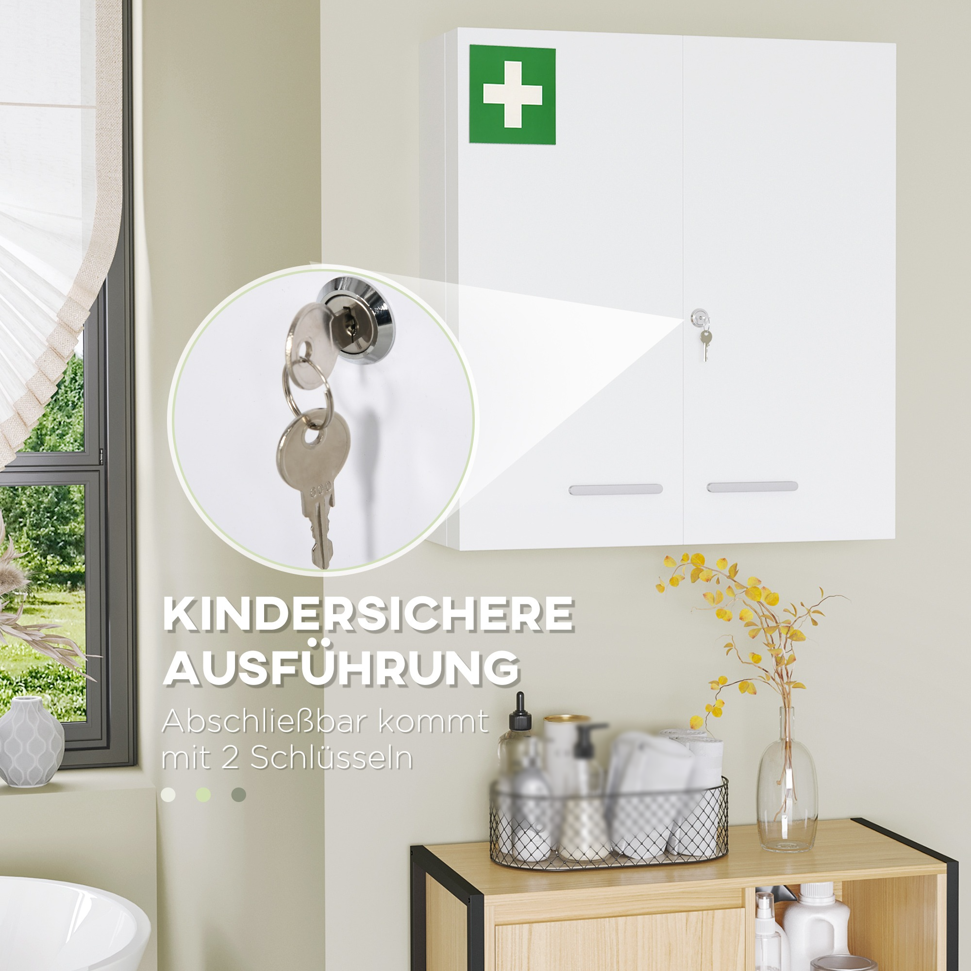 Weißer Medizinschrank mit Schlüsseln. Text sagt 'KINDER SICHERE AUSFÜHRUNG' und 'Abschliessbar kommt mit 2 Schlüsseln'.
