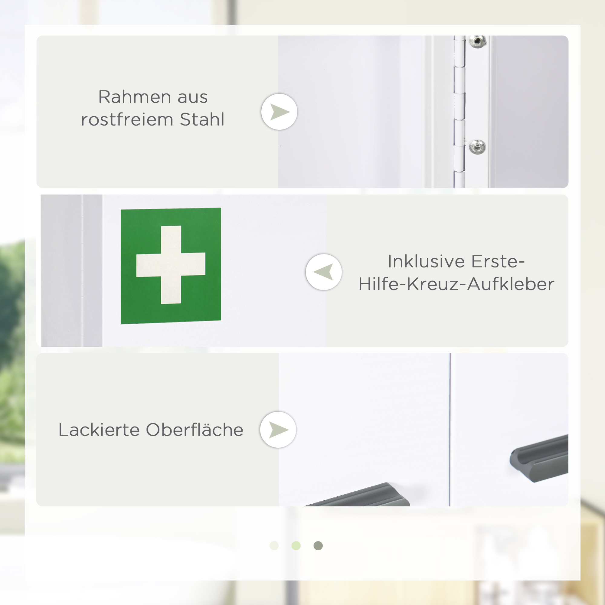 Drei Bilder, die einen weißen Erste-Hilfe-Schrank mit Etiketten und einem grünen Kreuz zeigen.