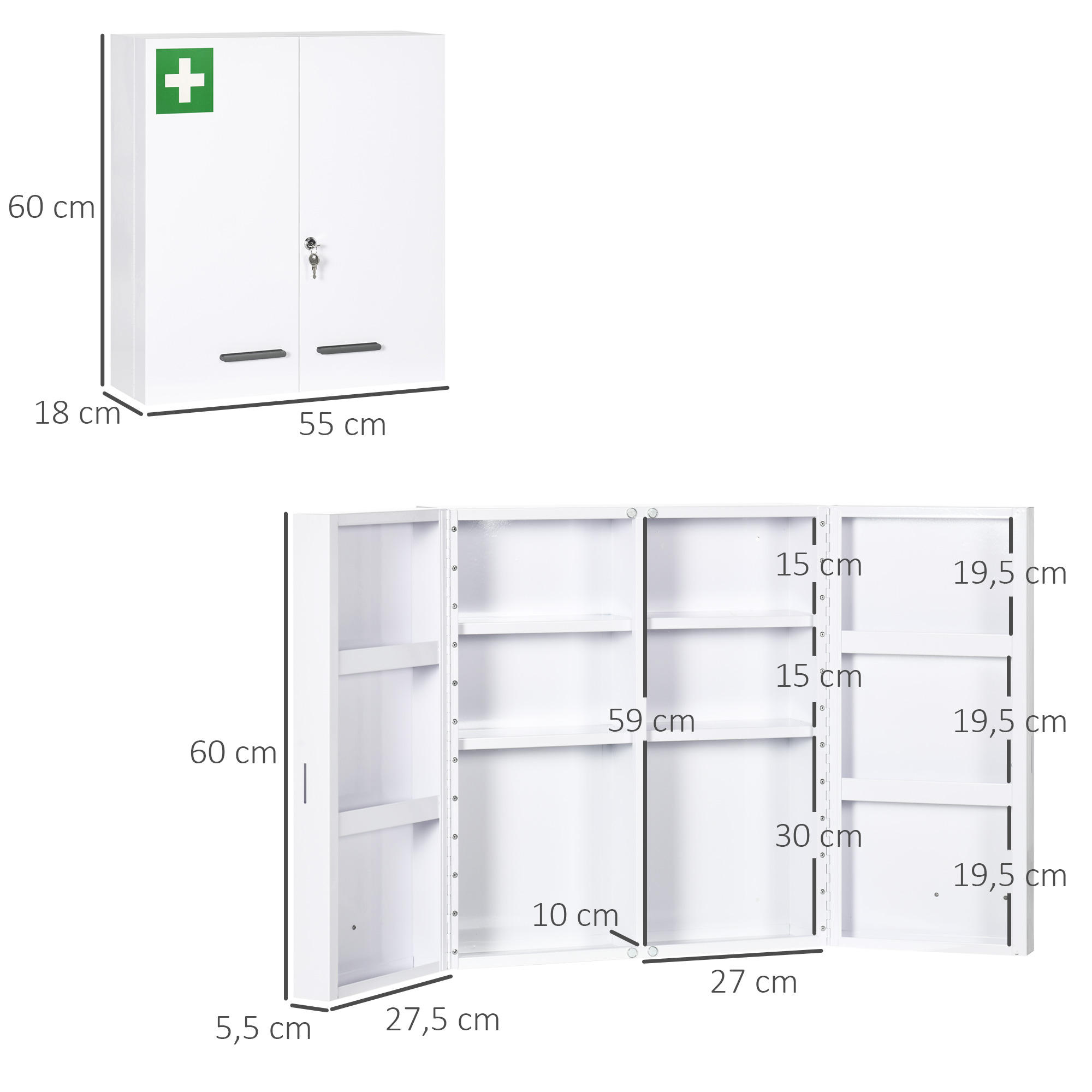 Weißer Medizinschrank mit grünem Kreuz. Geöffnet, um Regale zu zeigen. Abmessungen sind angegeben.