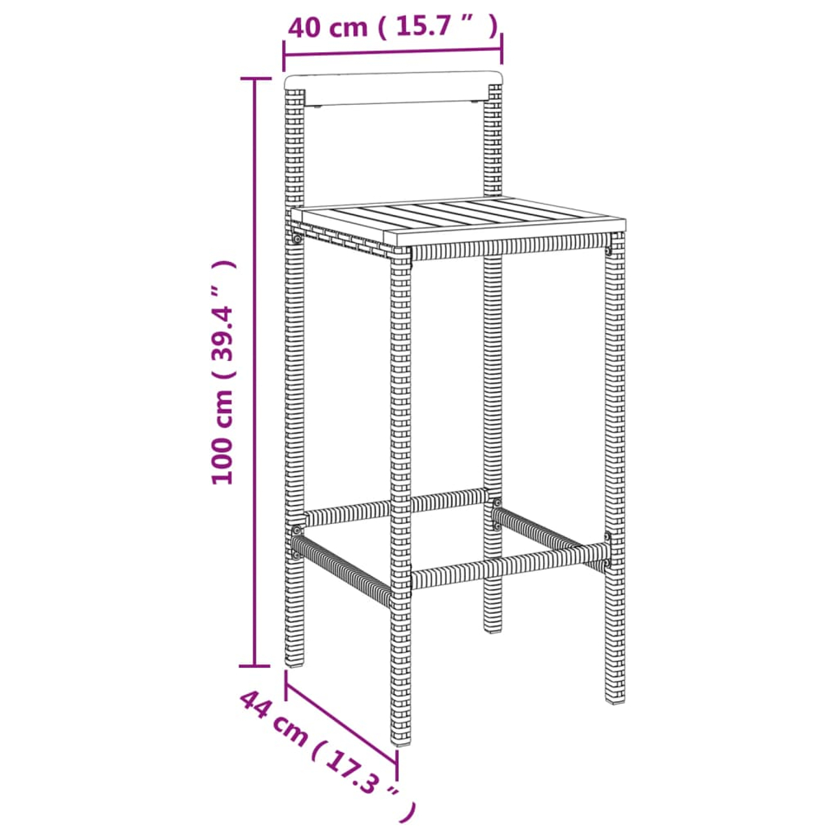 Diagramm eines Barhockers mit Abmessungen. Weiß und braun, mit Maßangaben.
