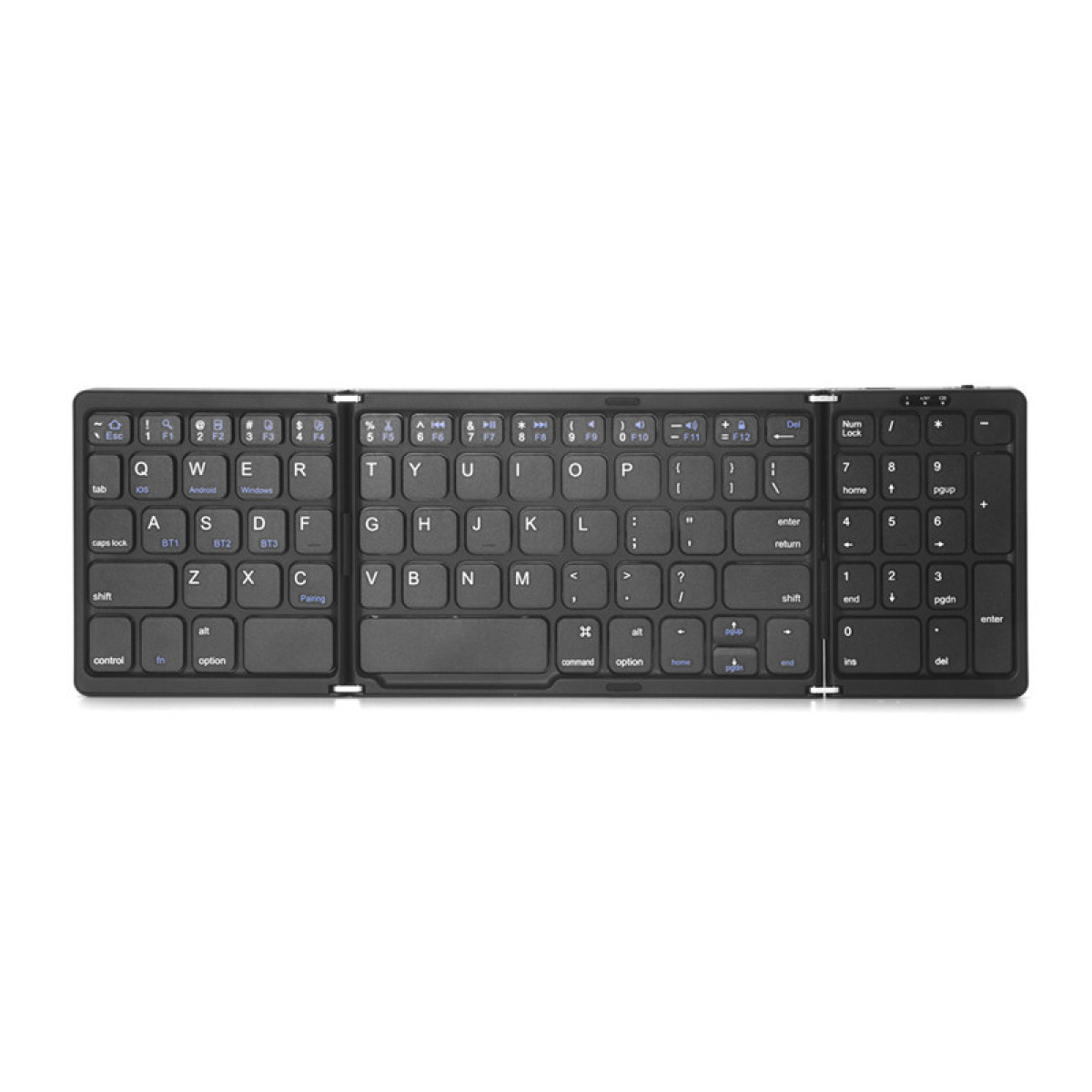 Faltbare, schwarze Tastatur, ausgeklappt, mit Tasten. Sie ist rechteckig mit klarem Layout.