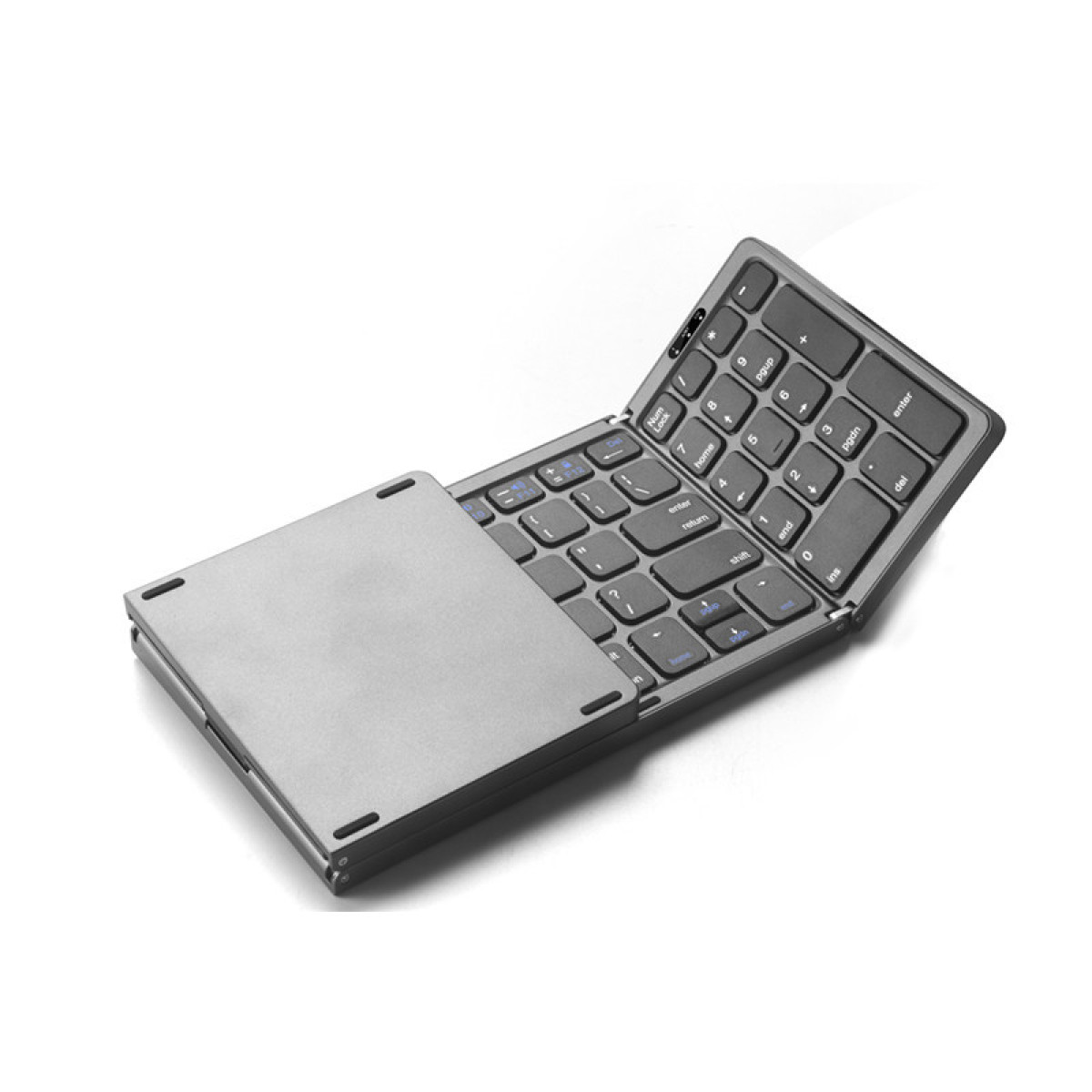 Faltbare Tastatur, grau, offen. Hat Tasten, einen kleinen Fußabdruck und ein metallisches Finish.
