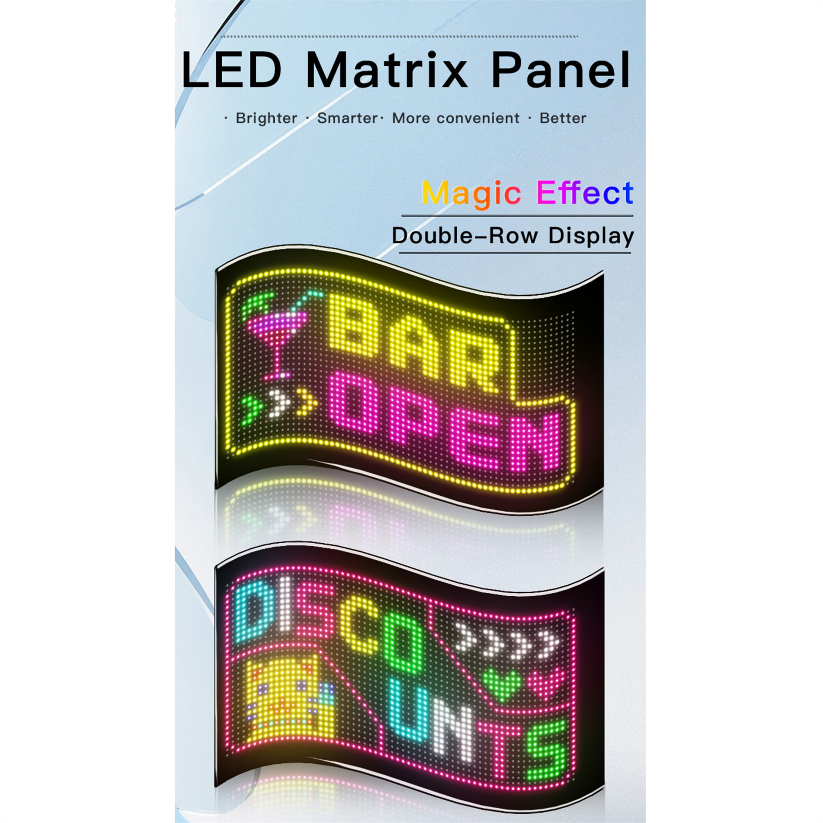 LED-Anzeige mit 'BAR OPEN' und 'DISCO UNTS'. Text oben: LED-Matrix-Panel.