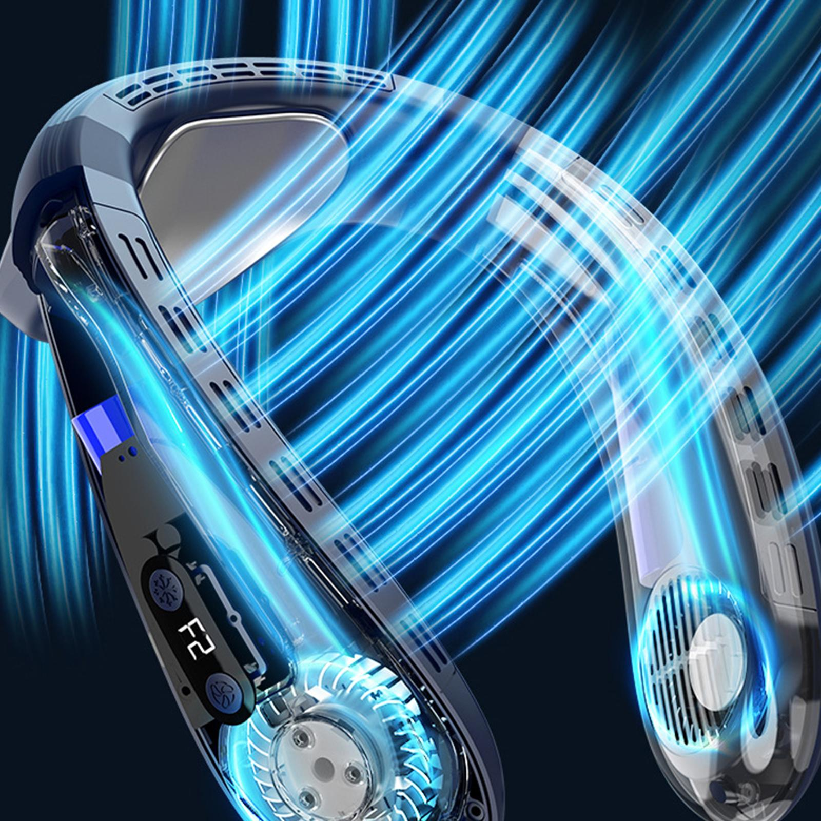 Nackenventilator mit blauen Lichtstrahlen. Er hat ein digitales Display und Knöpfe.