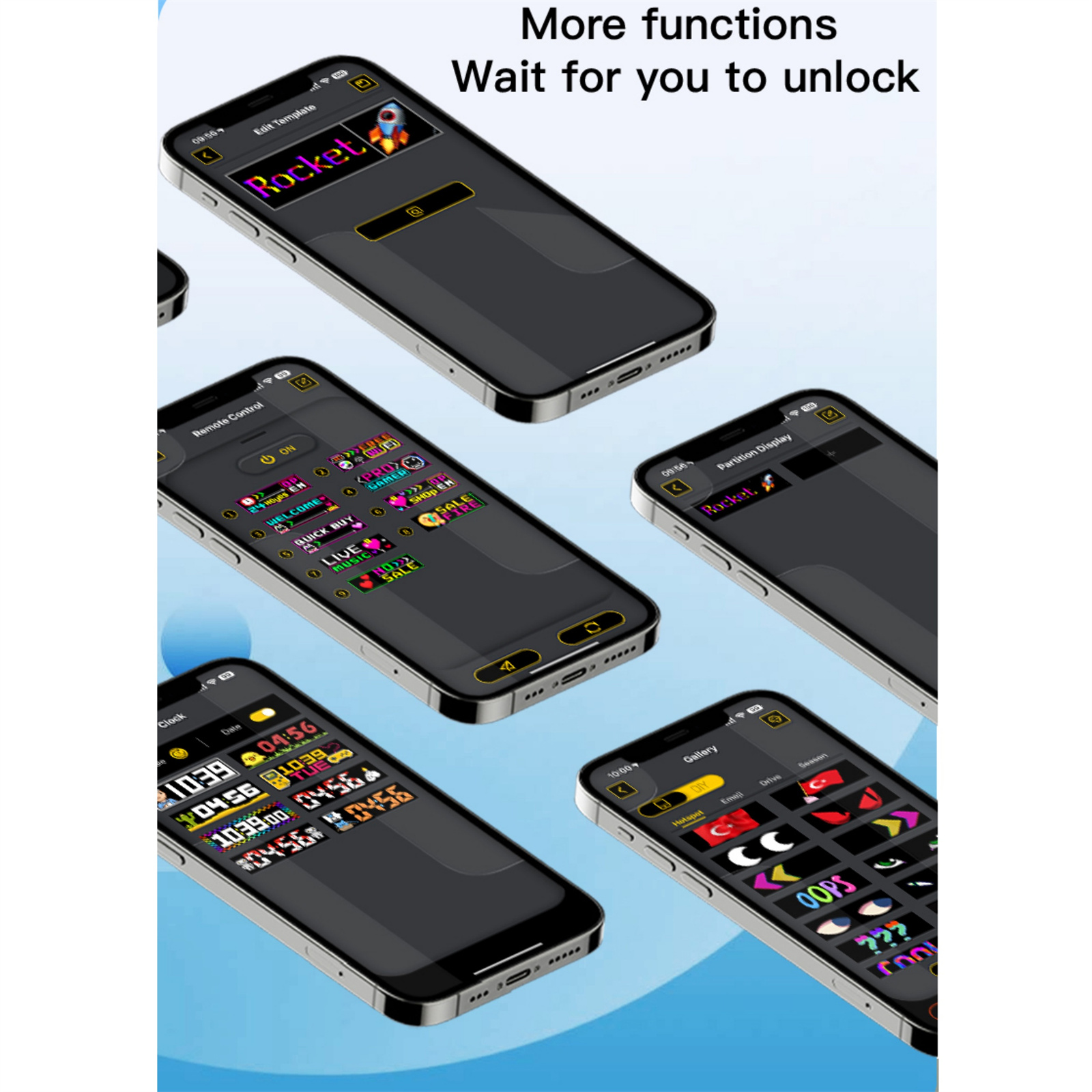 Mehrere Smartphones, die App-Oberflächen mit Raketen anzeigen. Text: Weitere Funktionen, Warte auf Freischaltung.