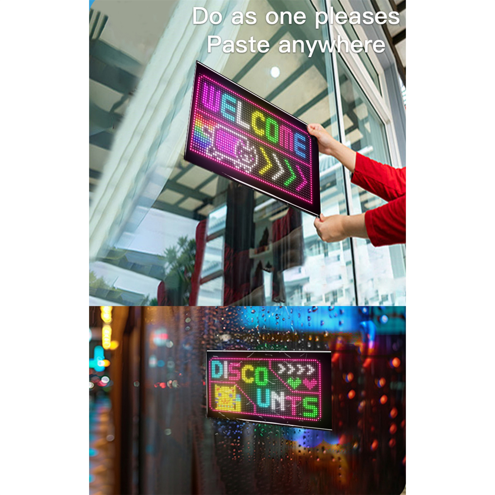 LED-Anzeigetafel mit WELCOME, mit Text darüber: „Do as one pleases, paste anywhere“.
