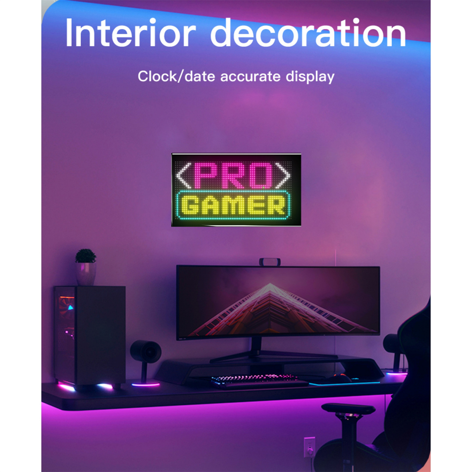Gaming-Setup mit Bildschirm, der 'PRO GAMER' anzeigt. Lila und blaue Neonlichter. Schwarzer Schreibtisch.