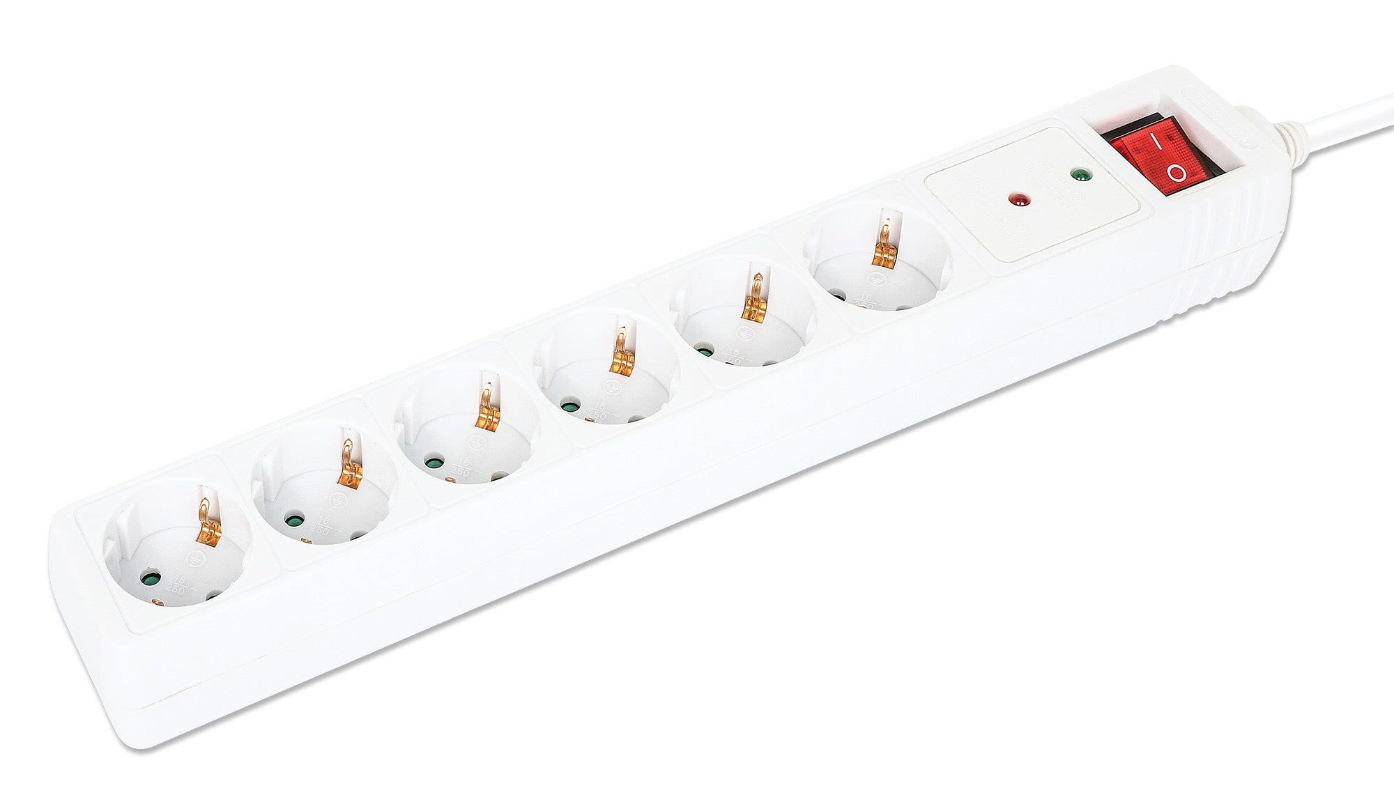 Biała listwa zasilająca z sześcioma gniazdami i czerwonym włącznikiem/wyłącznikiem.
