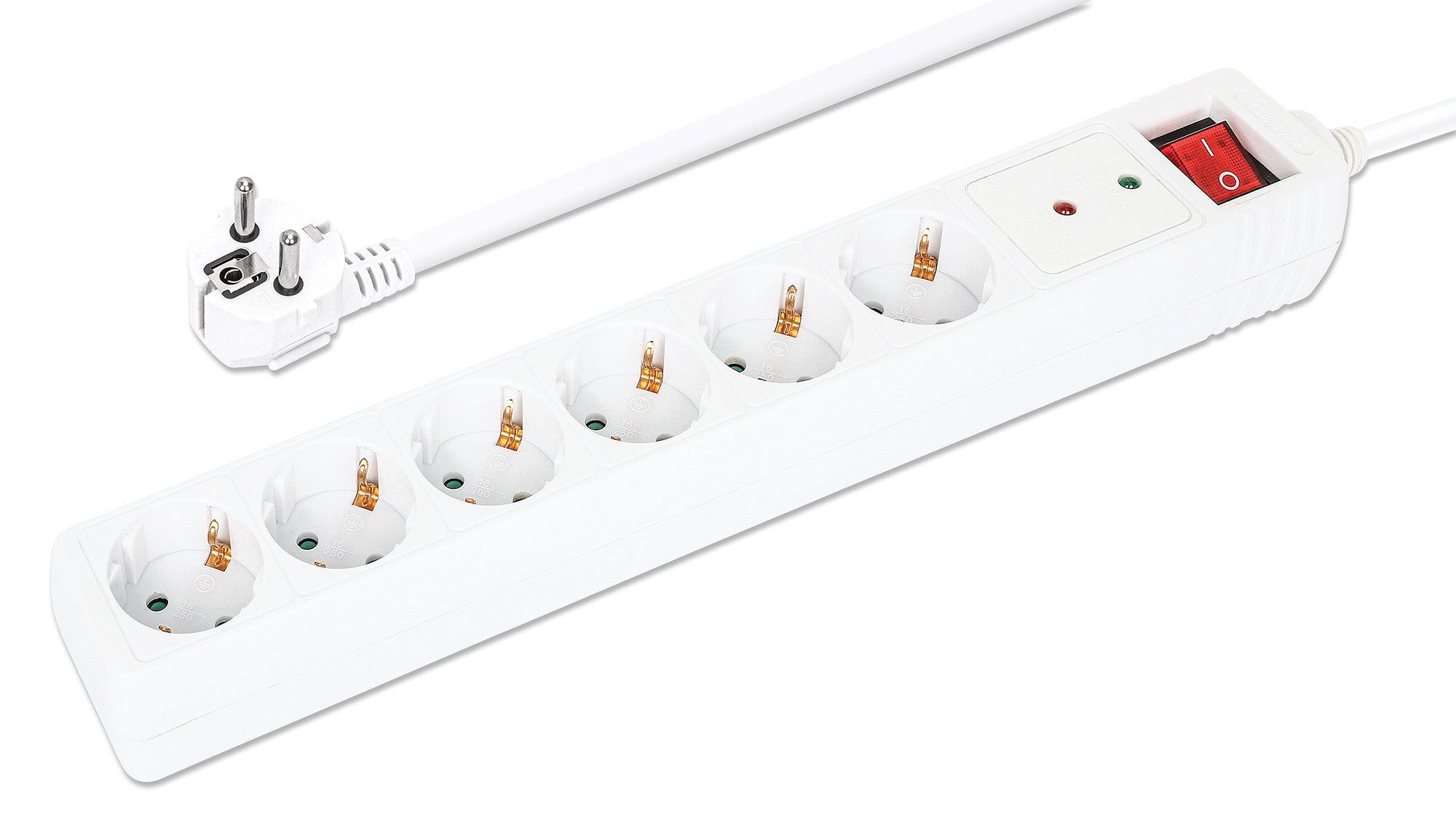 Biała listwa zasilająca z wieloma gniazdami i wtyczką.