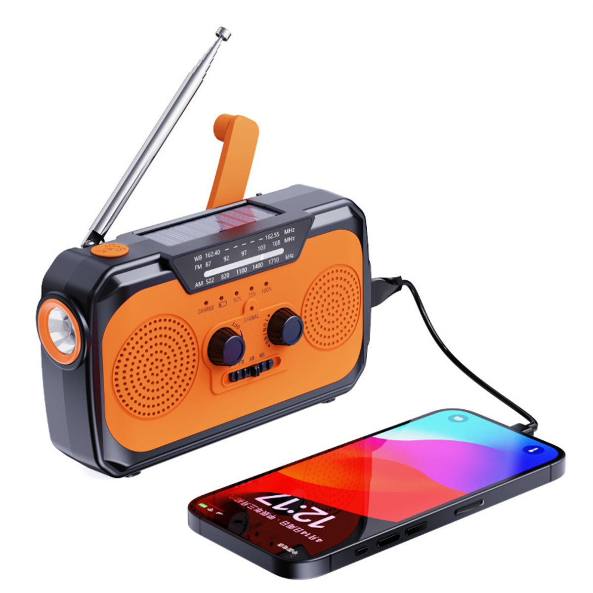 Ein schwarz-oranges Notfallradio mit einem zum Aufladen angeschlossenen Telefon.