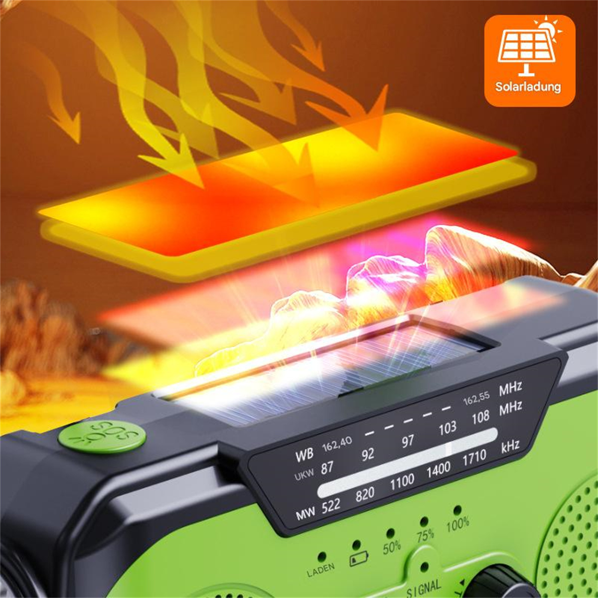 Grünes und schwarzes Radio mit Solarladung, Knöpfen und Display mit Text.
